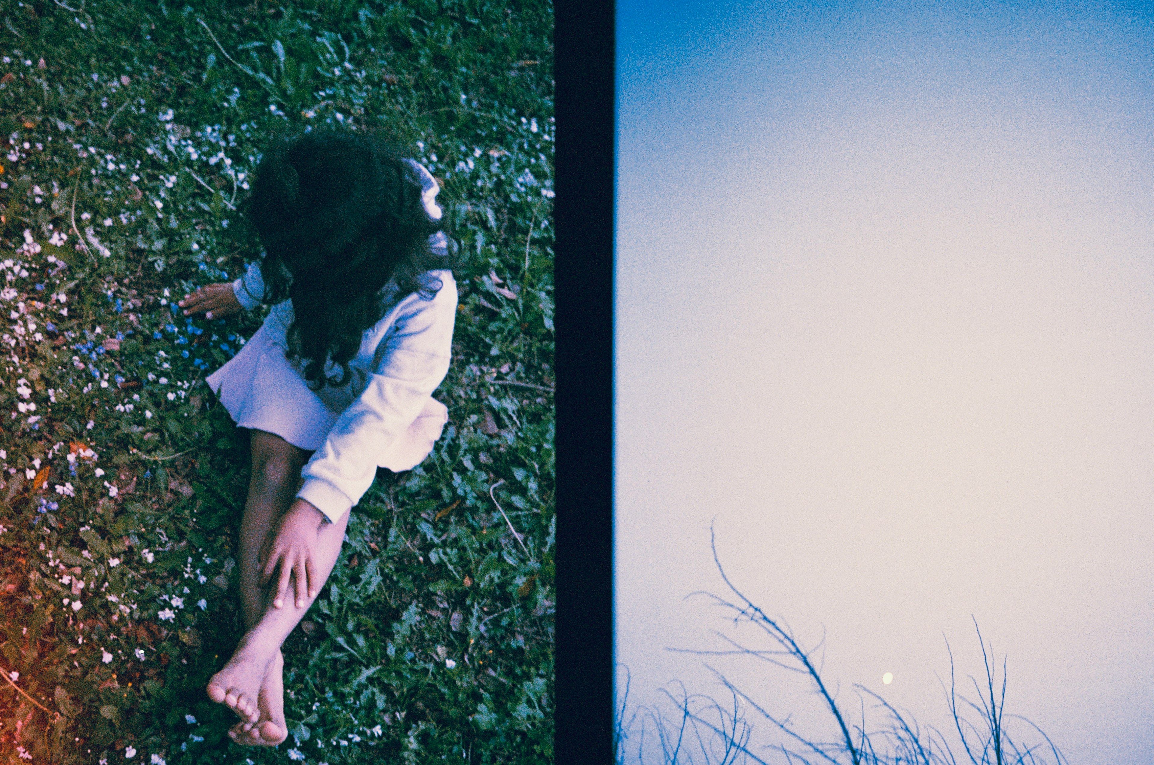 Une fille assise sur l'herbe avec des fleurs et un ciel bleu