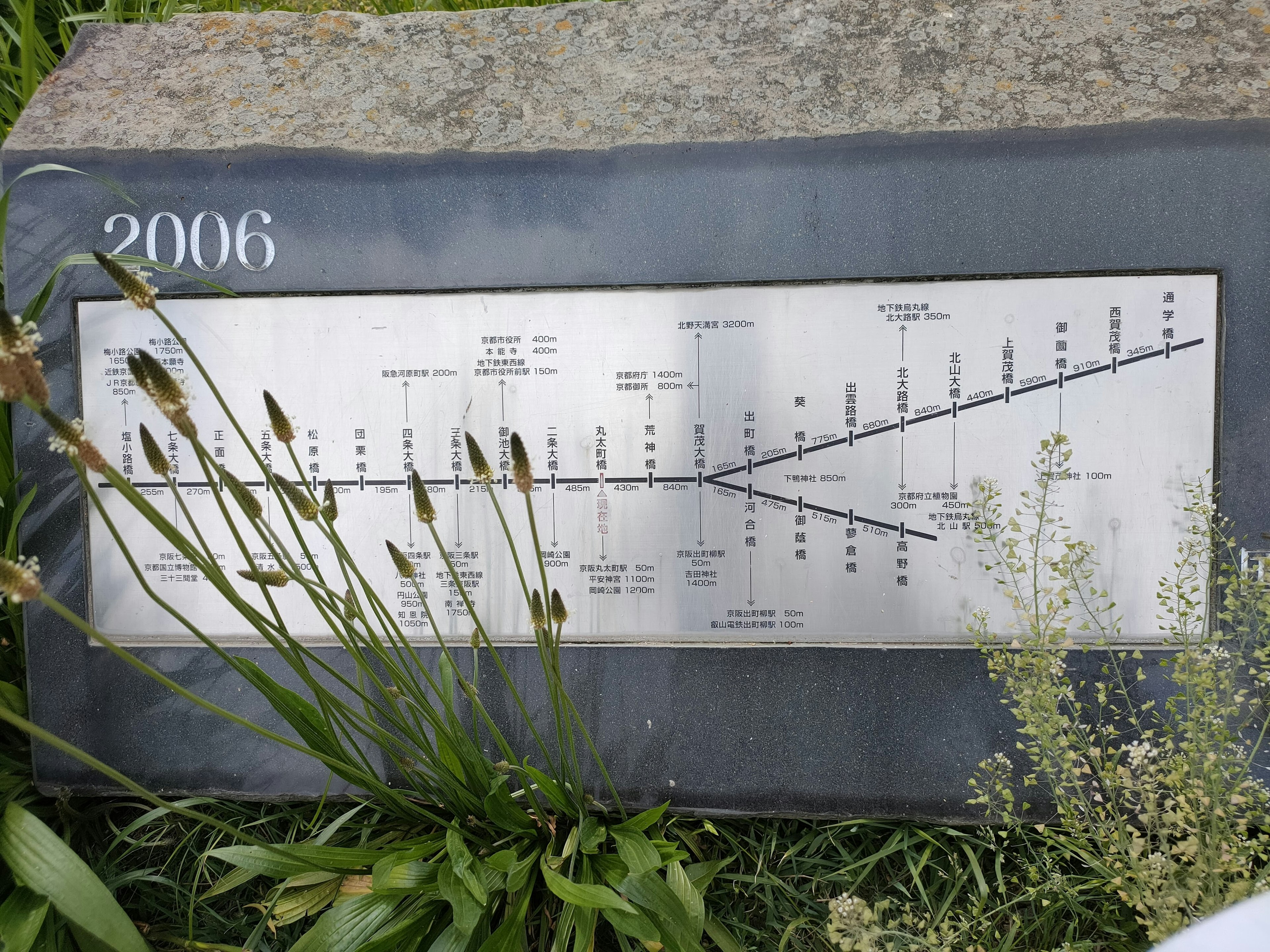 Metal plaque depicting a timeline for the year 2006 surrounded by grass