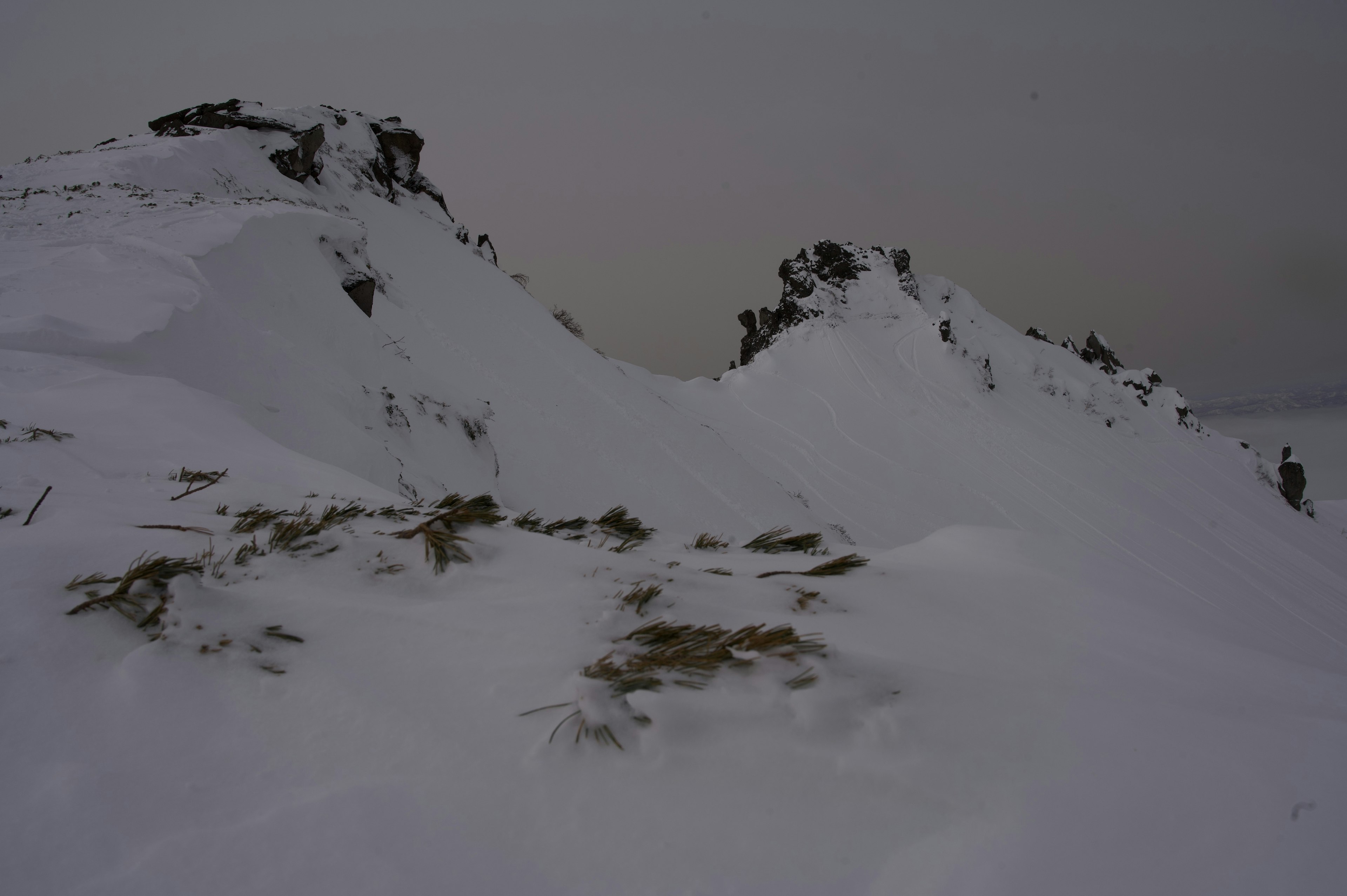 Montañas cubiertas de nieve bajo un cielo gris