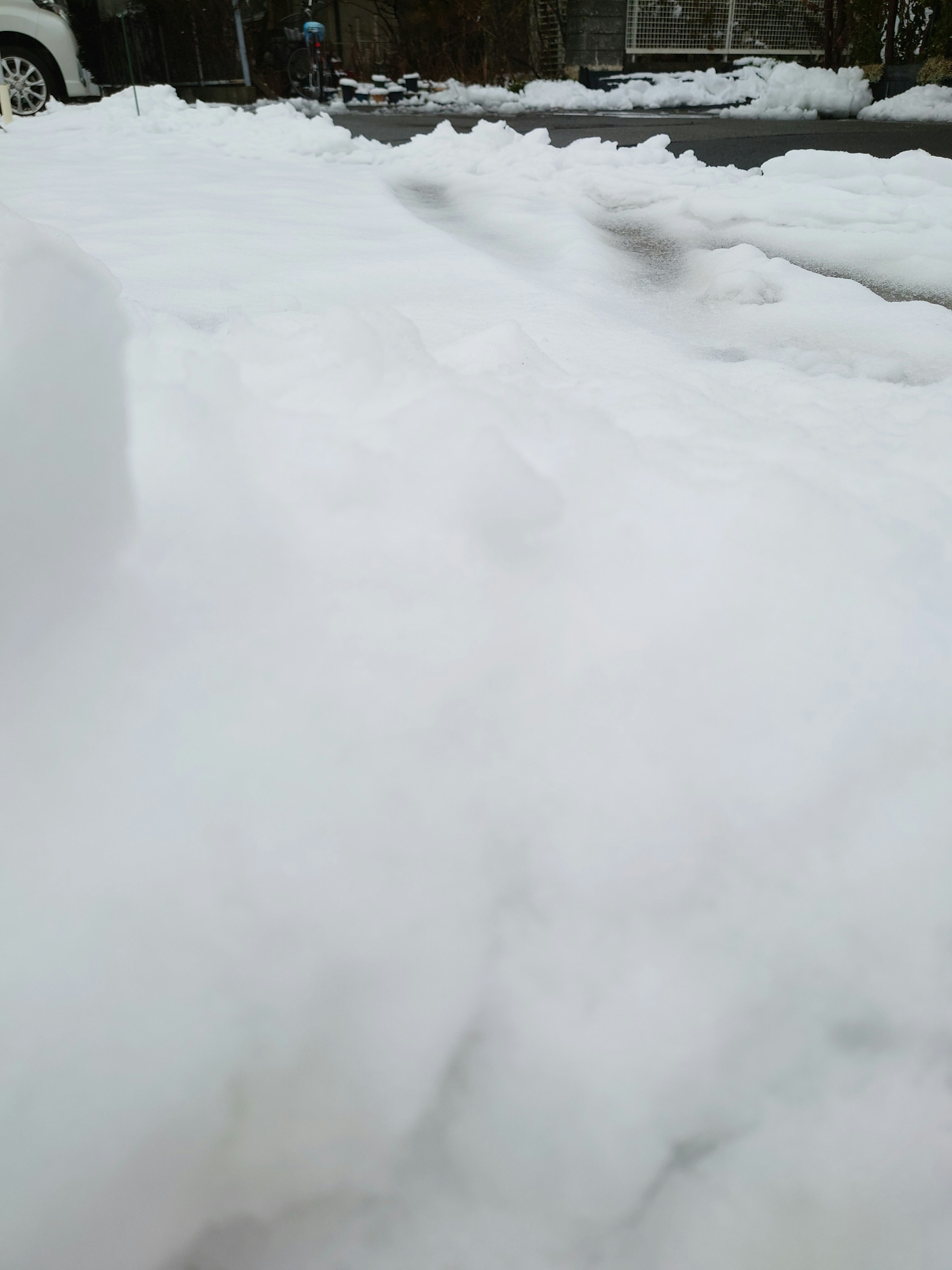 Snow-covered landscape with a partial view of a car