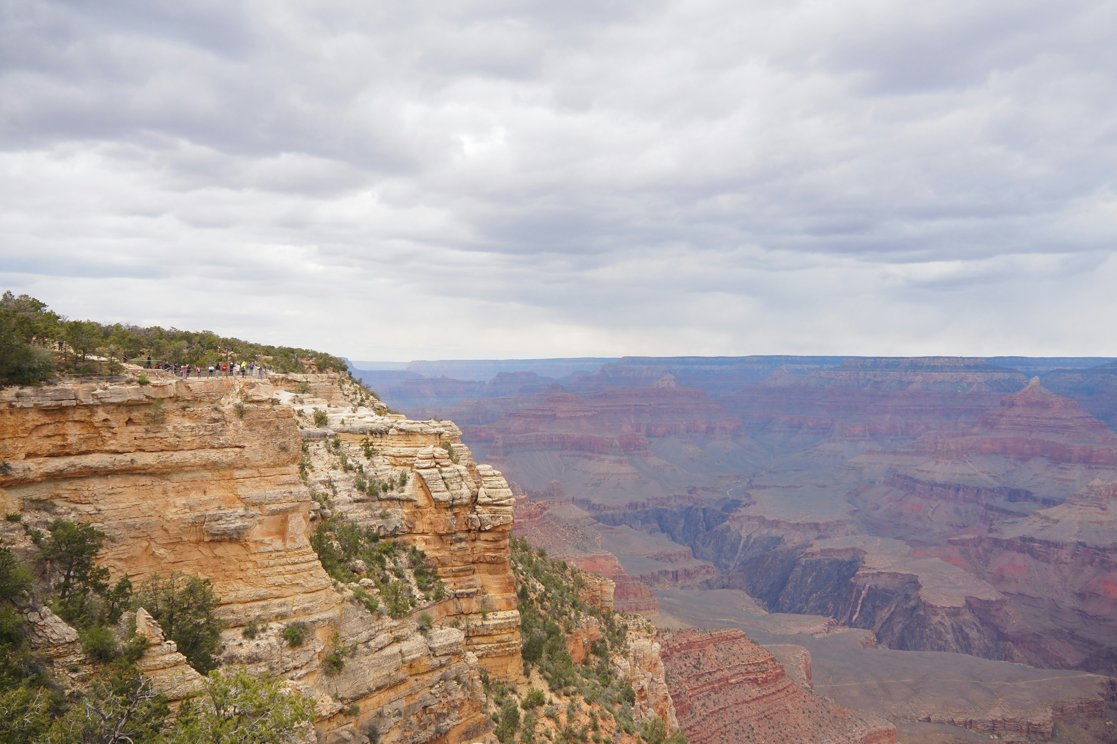 Paysage du Grand Canyon avec des roches en couches et un ciel nuageux