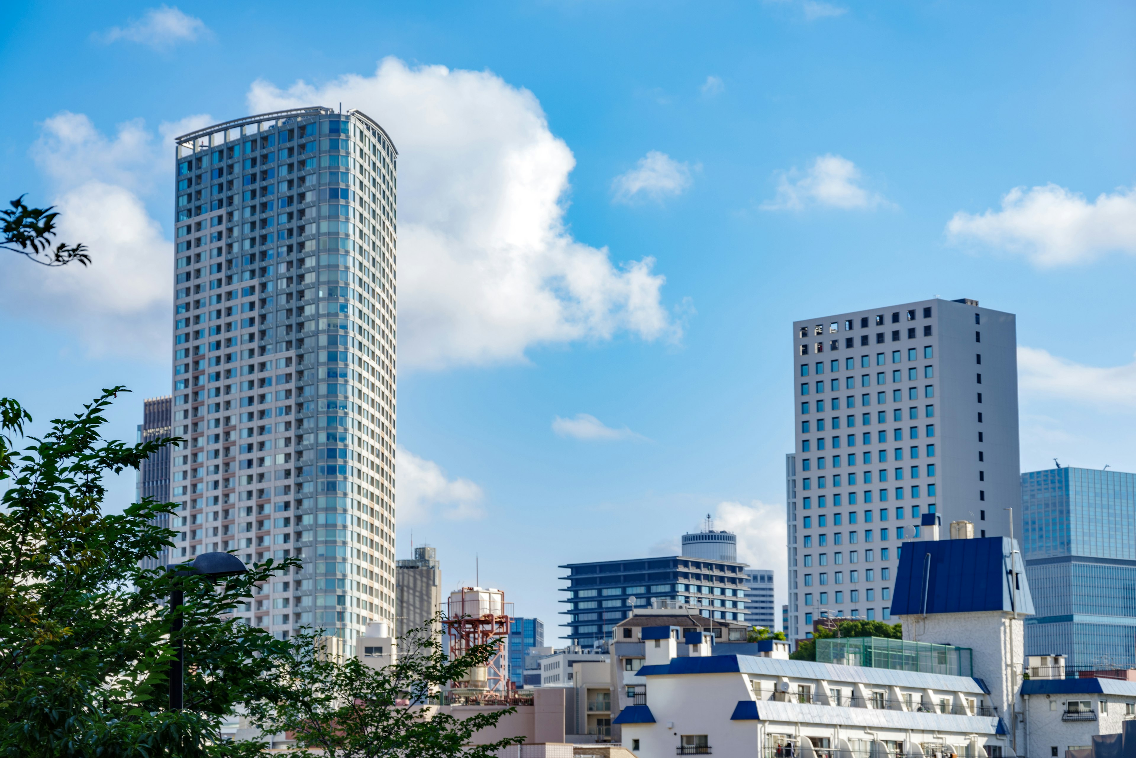 Edificios altos bajo un cielo azul con árboles verdes