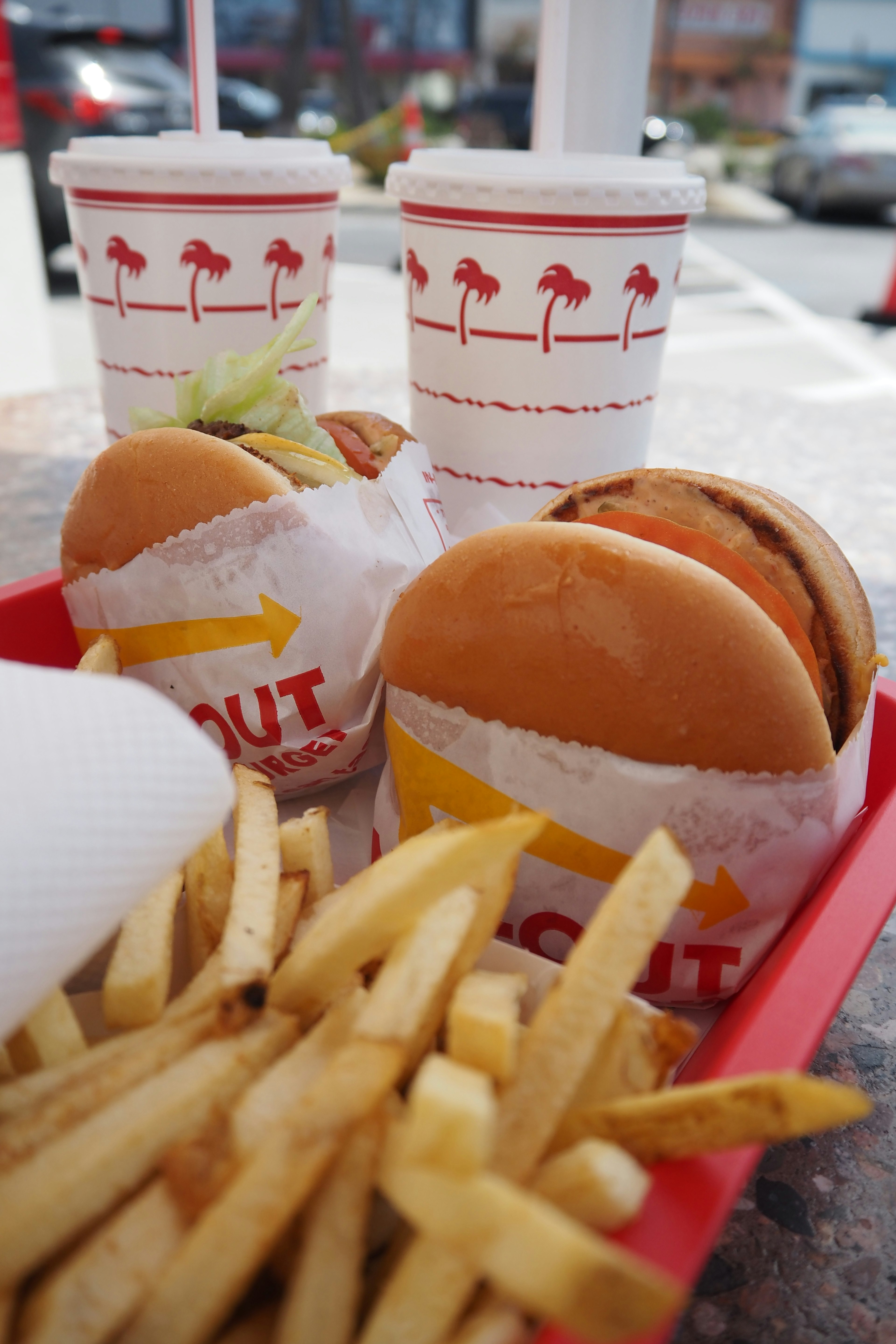 In-N-Out burger and fries set with drinks