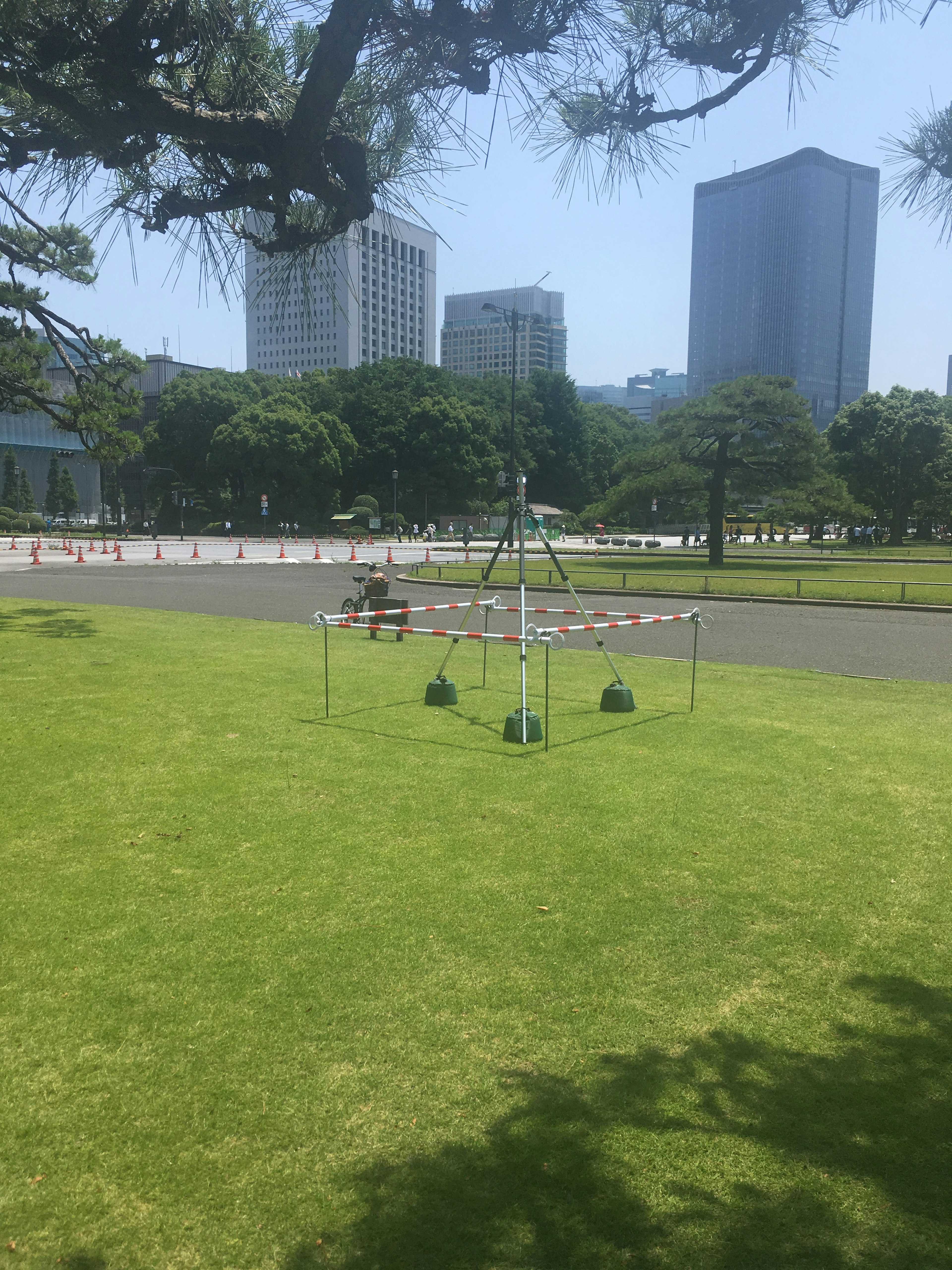 A playground structure on green grass with skyscrapers in the background