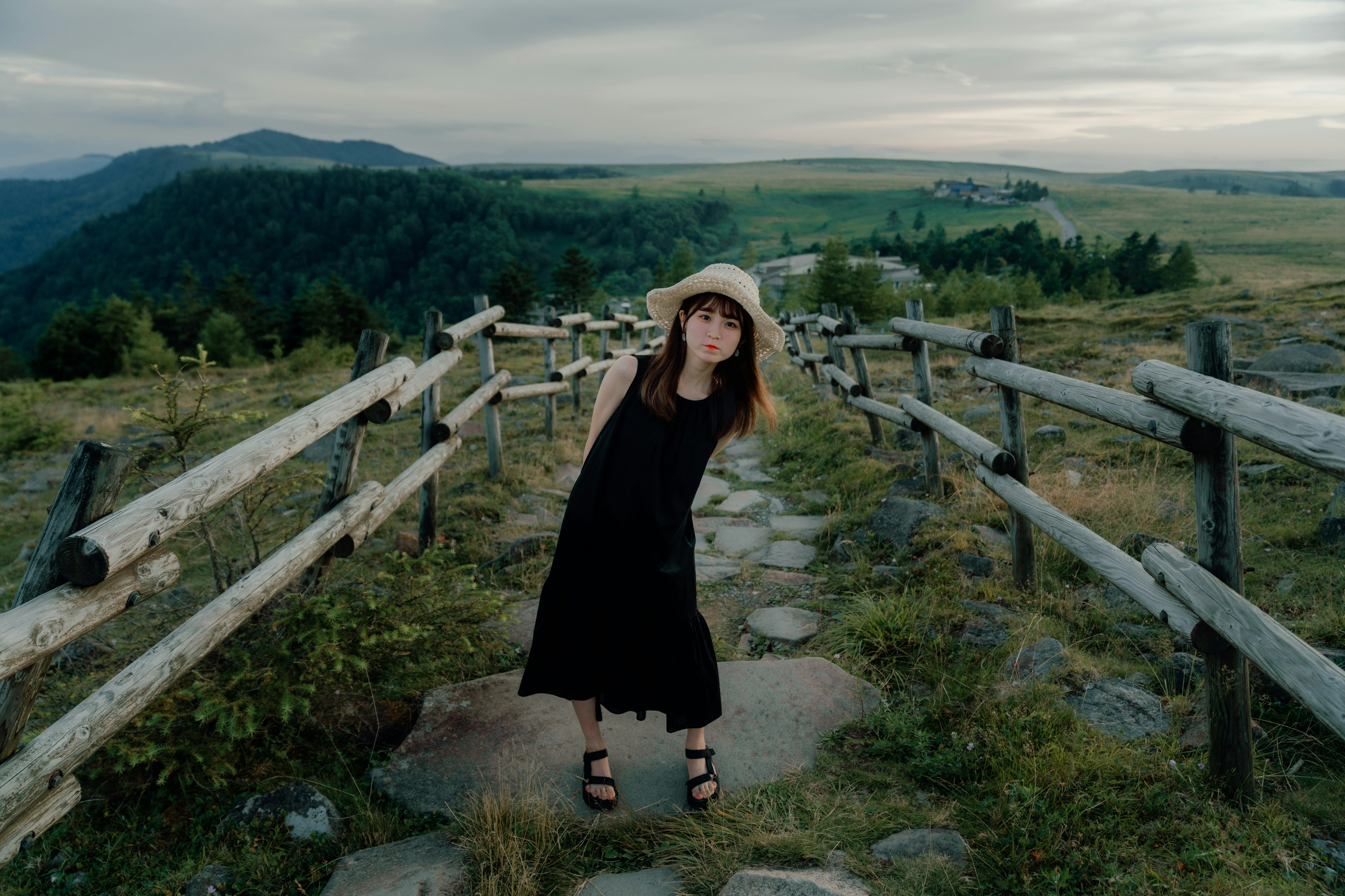 Una mujer vestida con un vestido negro y un sombrero caminando por un camino de piedra en un vasto paisaje