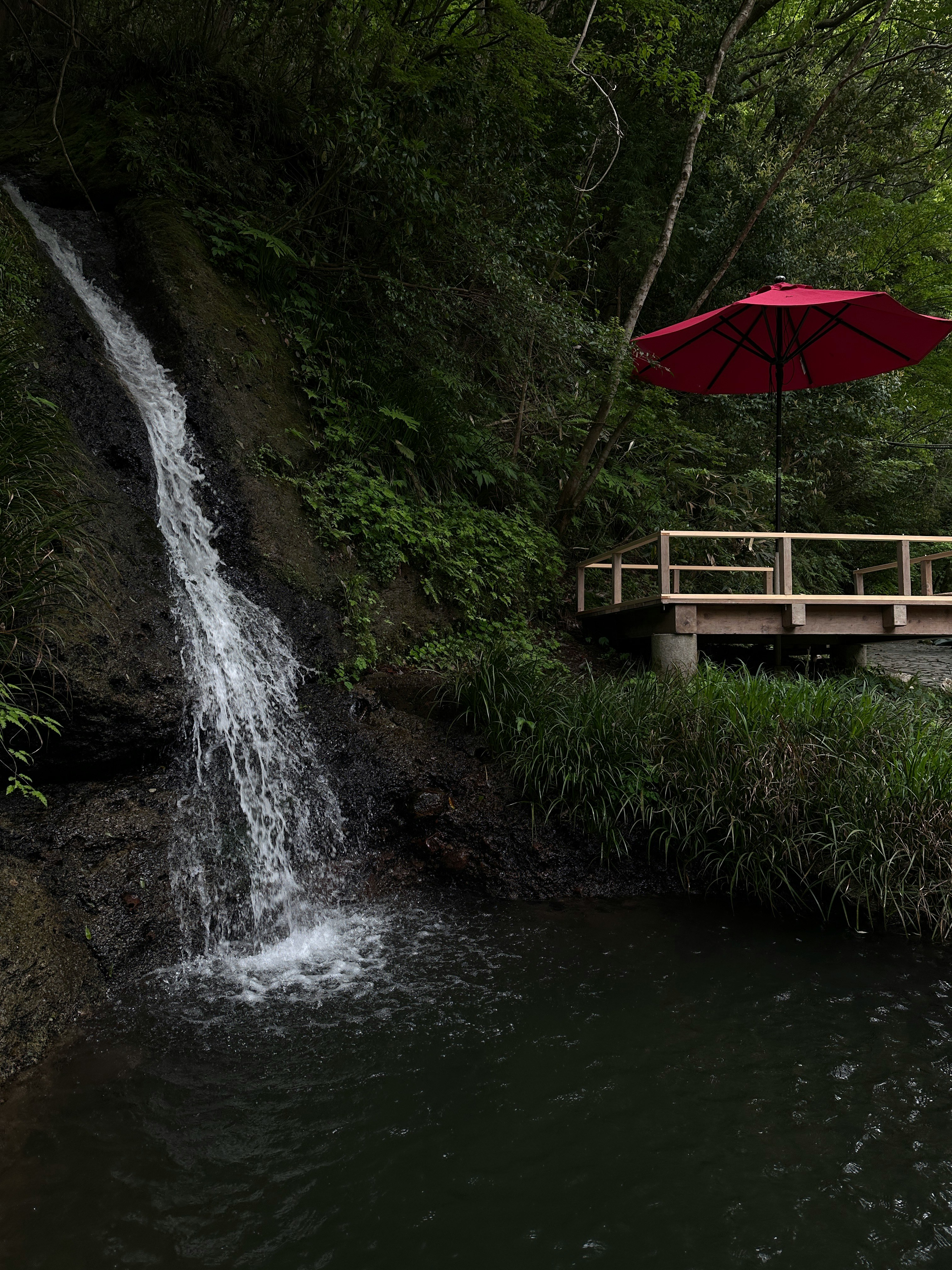 A small waterfall surrounded by greenery with a red umbrella over a deck