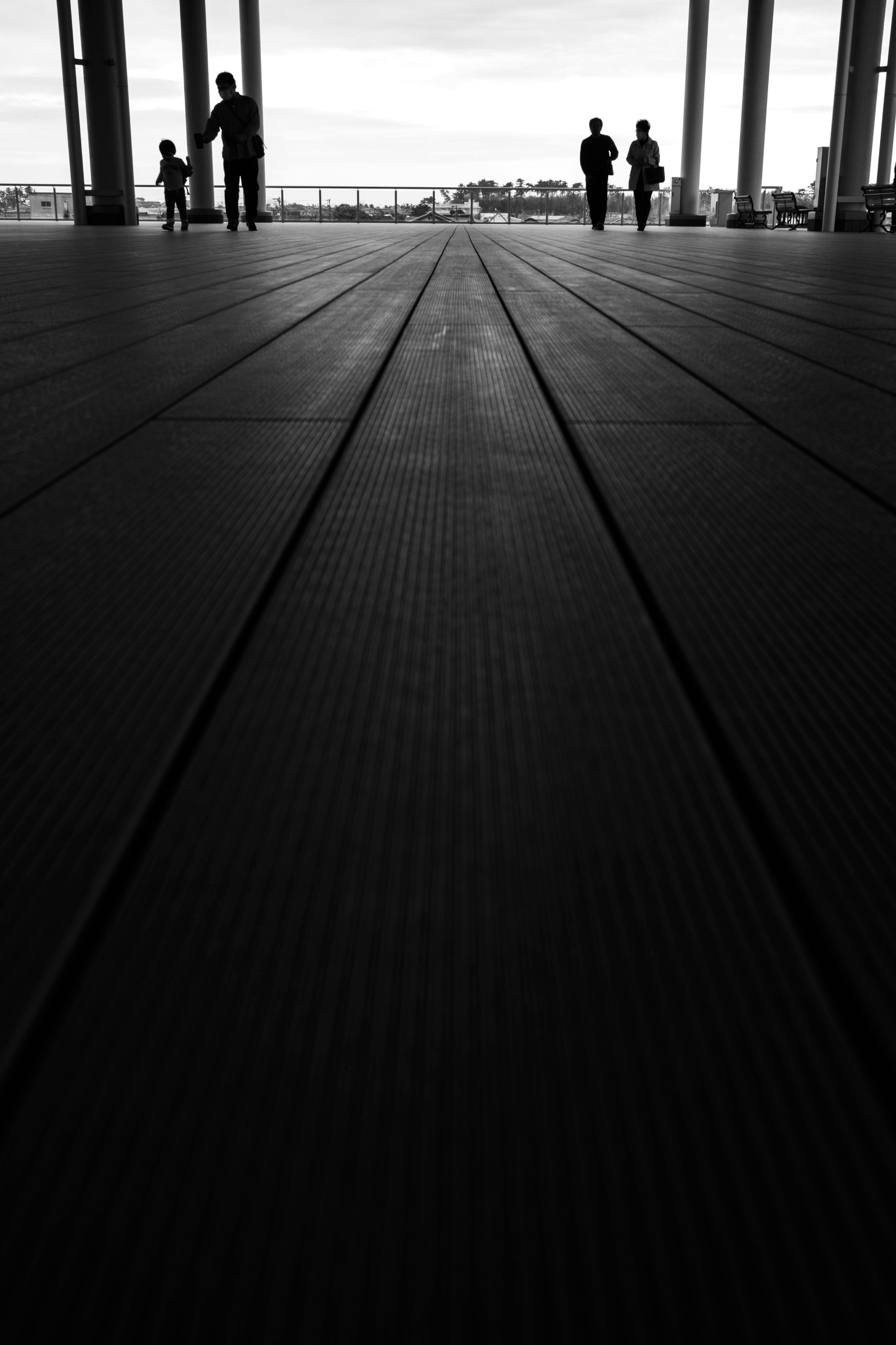 A view featuring silhouettes of people against a contrasting black and white background with wooden floor details