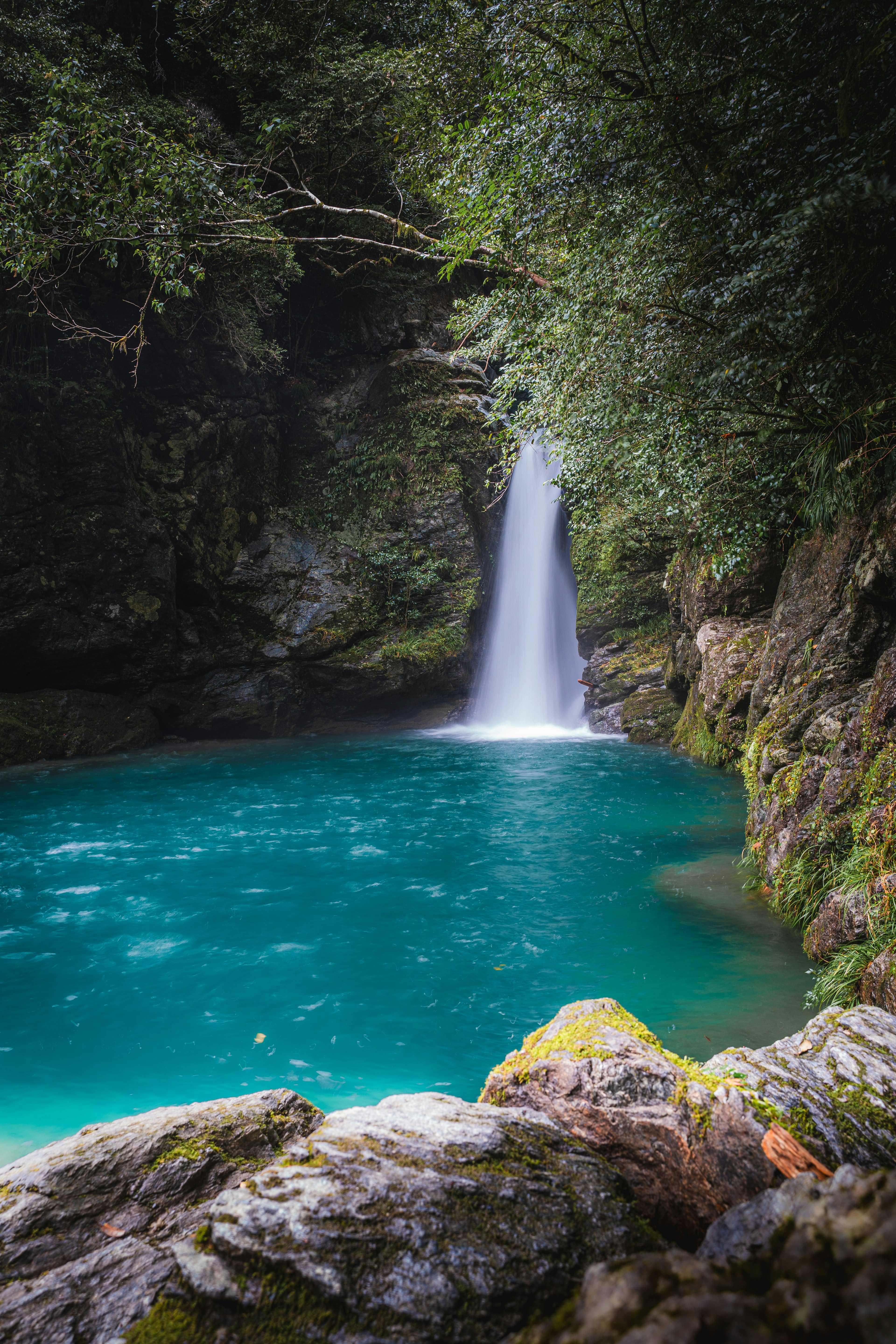 青い水と滝のある静かな自然の景色