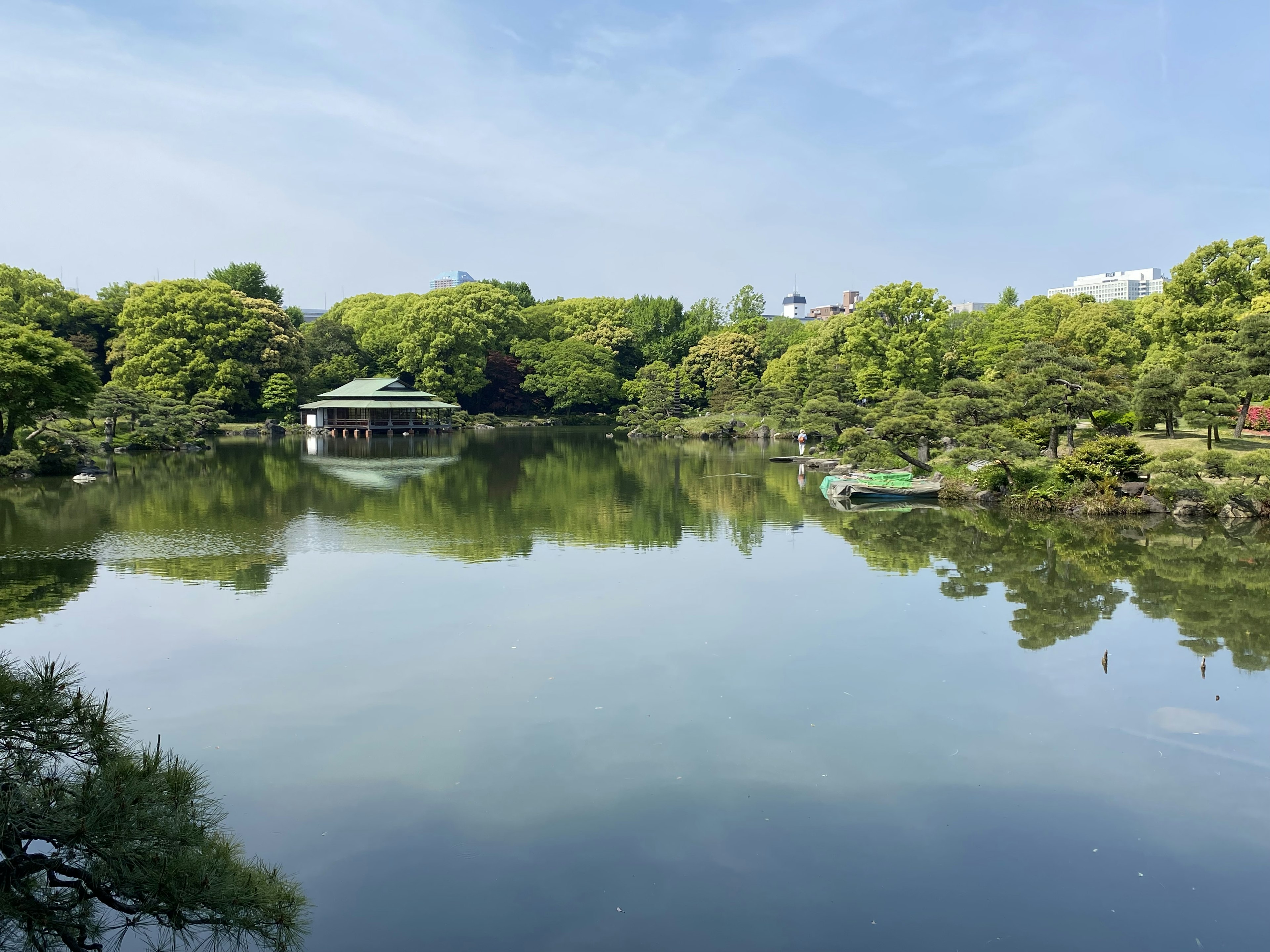 Danau tenang dikelilingi oleh pepohonan hijau dan sebuah gazebo