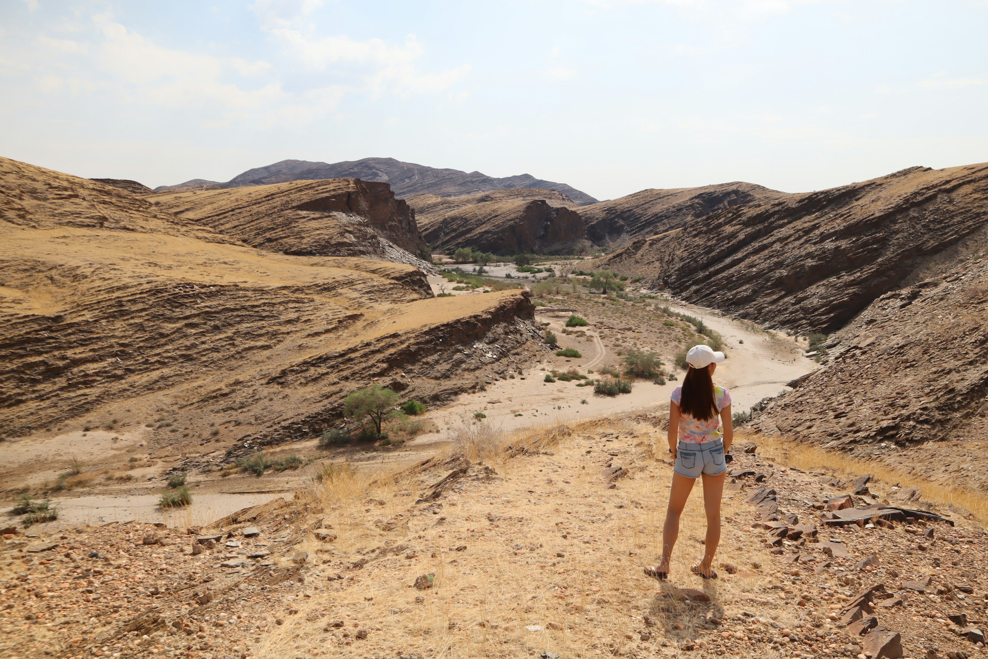 Una mujer está de pie mirando un paisaje de cañón seco