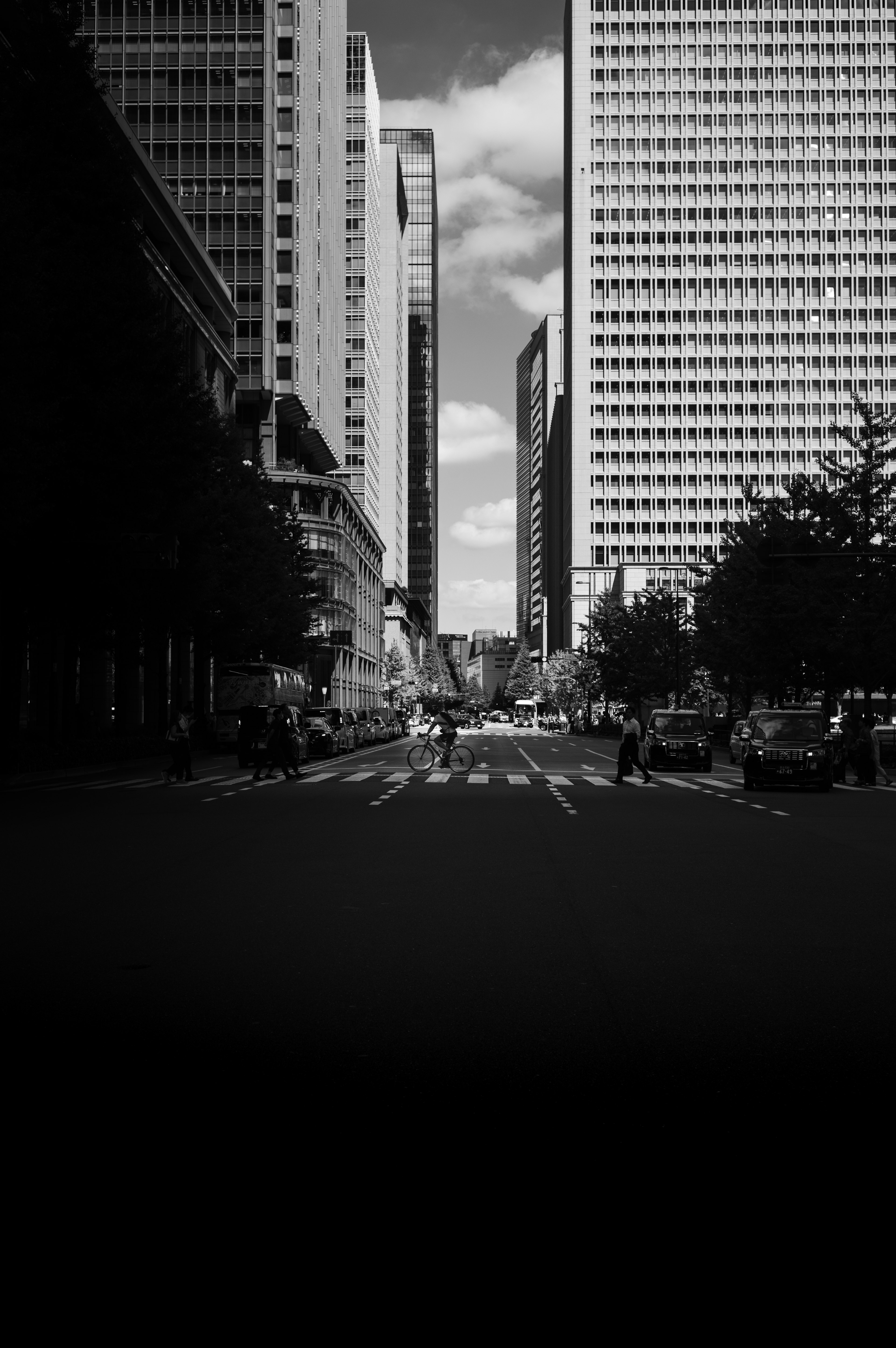 Paisaje urbano en blanco y negro con altos edificios a lo largo de una calle