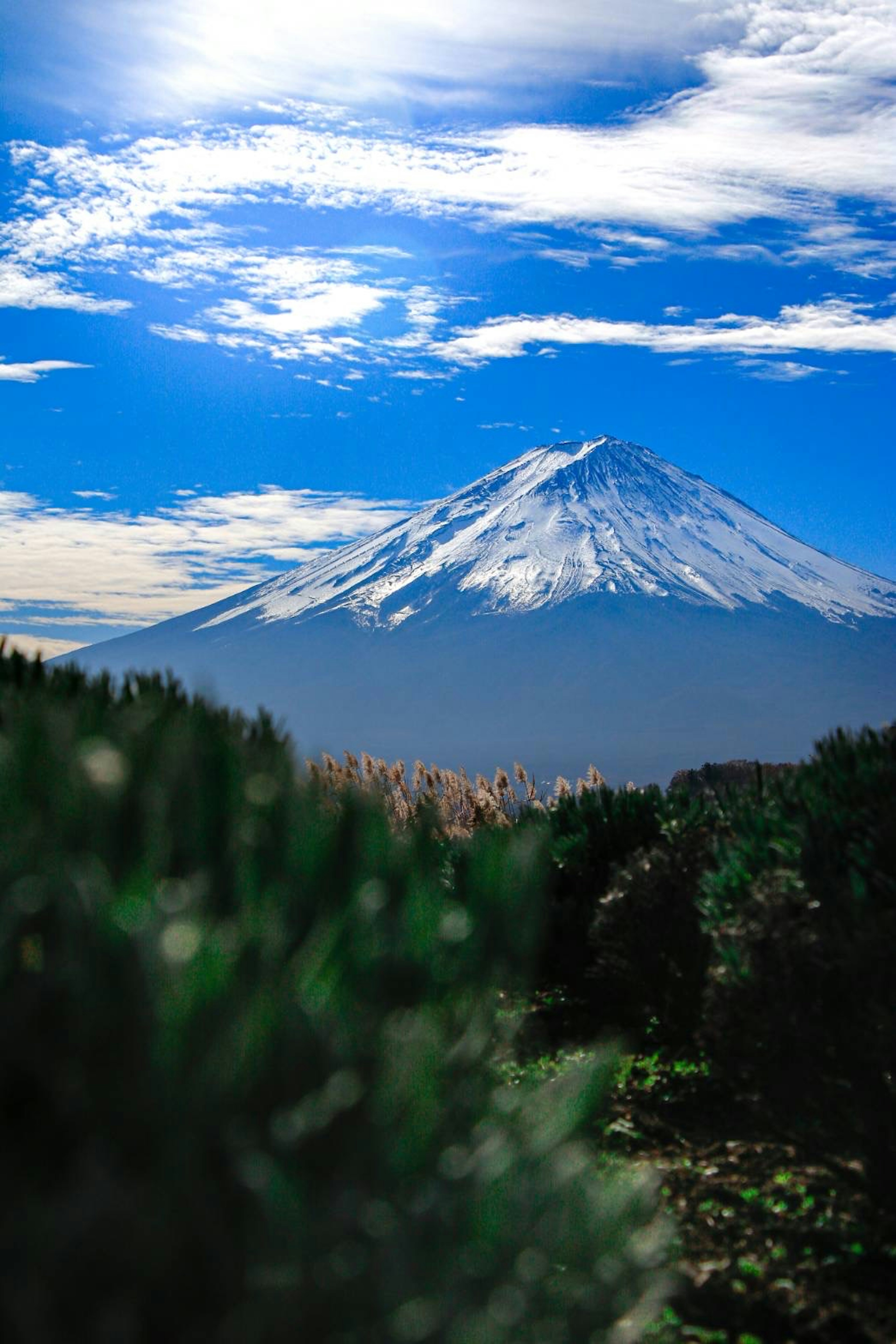 Vue pittoresque du mont Fuji avec un ciel bleu et des nuages blancs