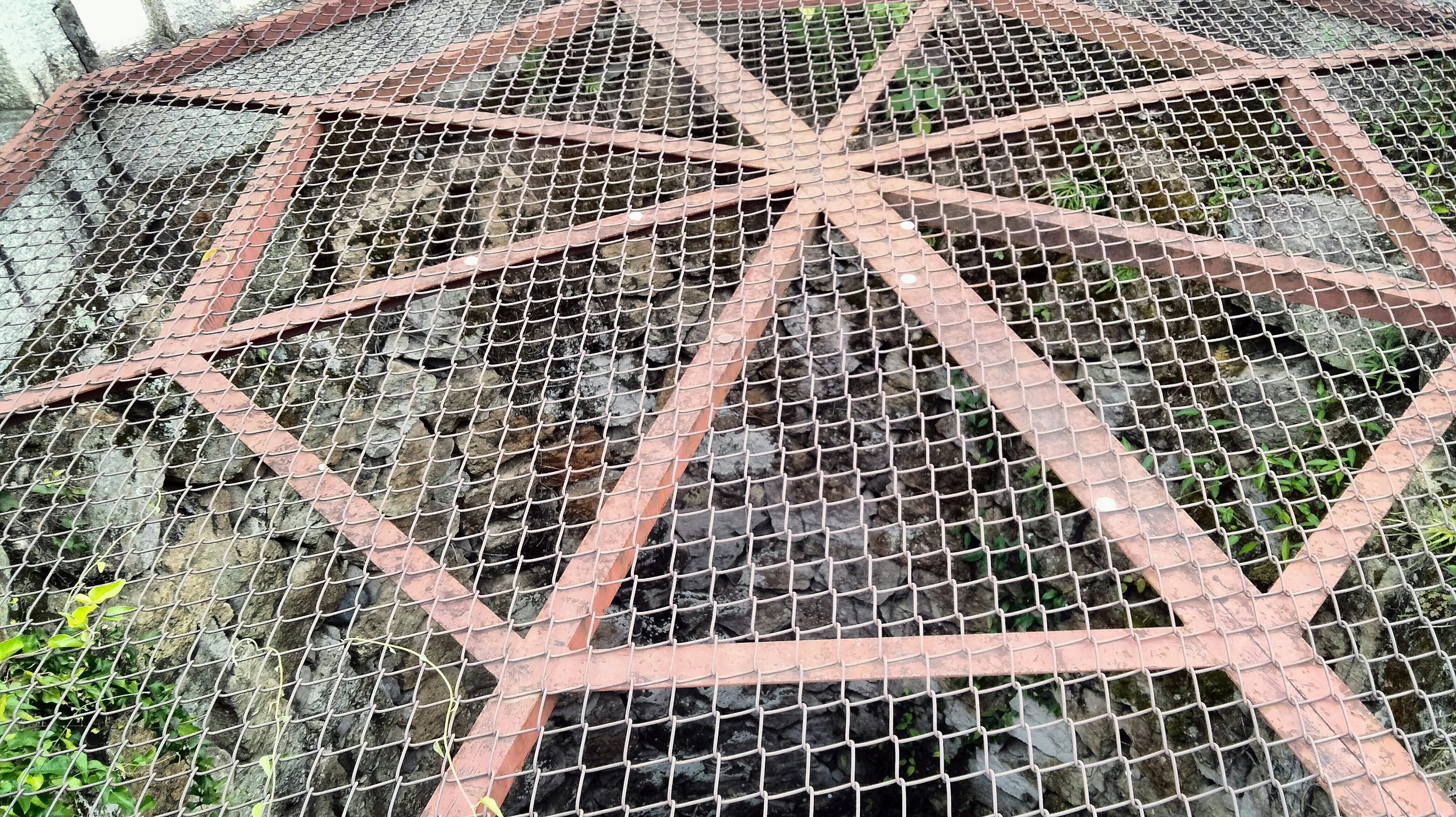 Octagonal metal grid structure with surrounding greenery