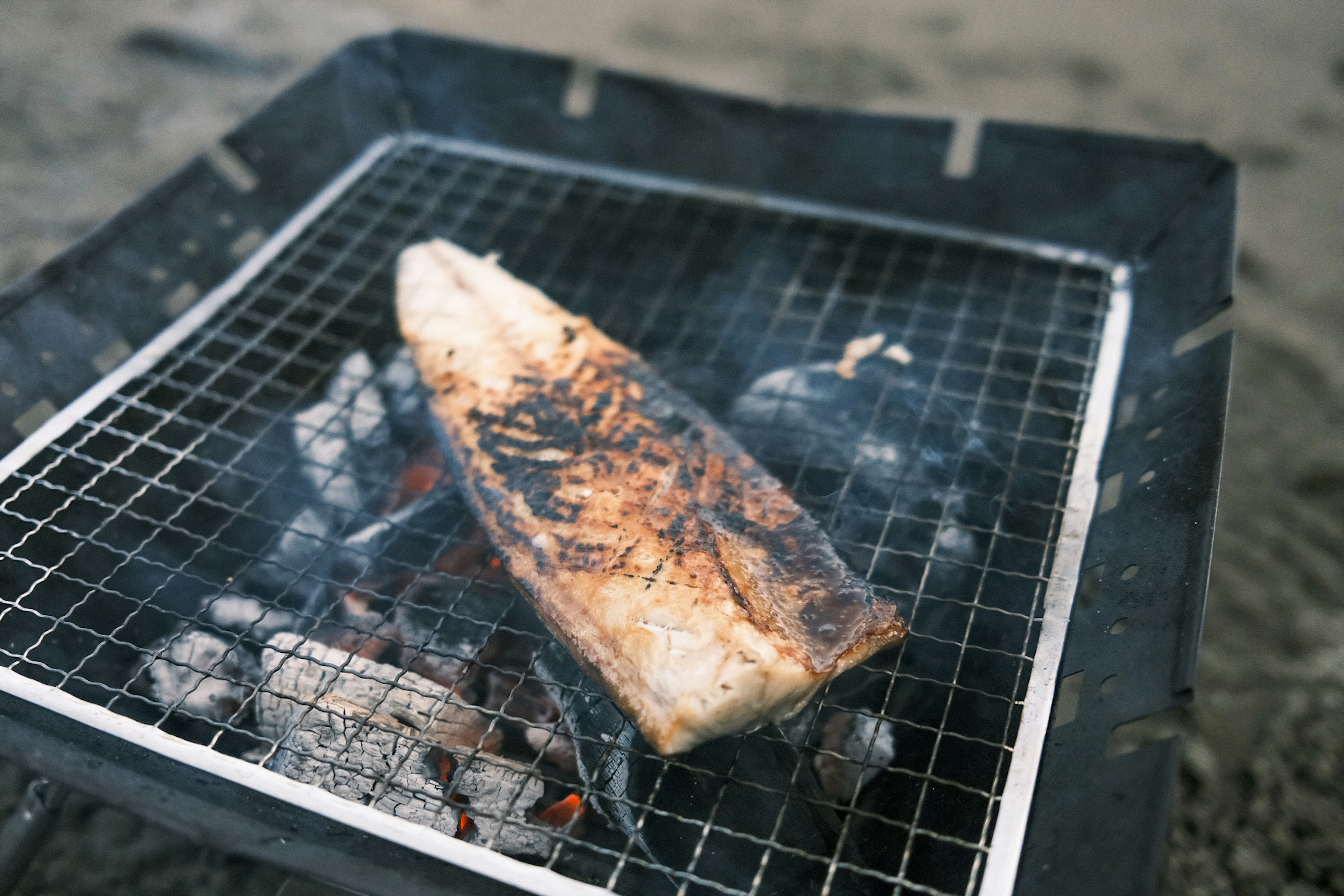 Un morceau de poisson en train de griller sur un barbecue à charbon