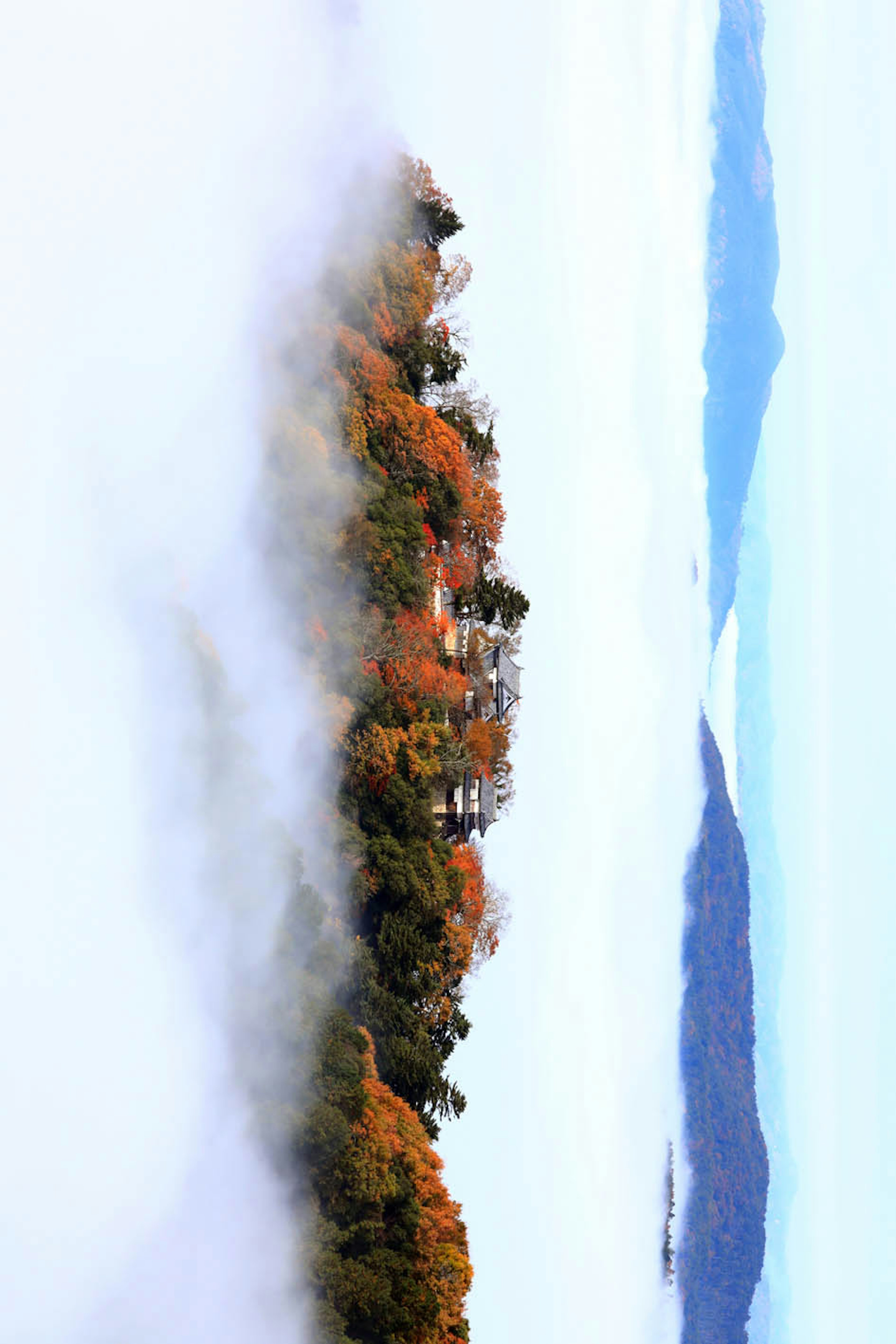 霧に包まれた秋の風景 緑とオレンジの木々が点在する山々