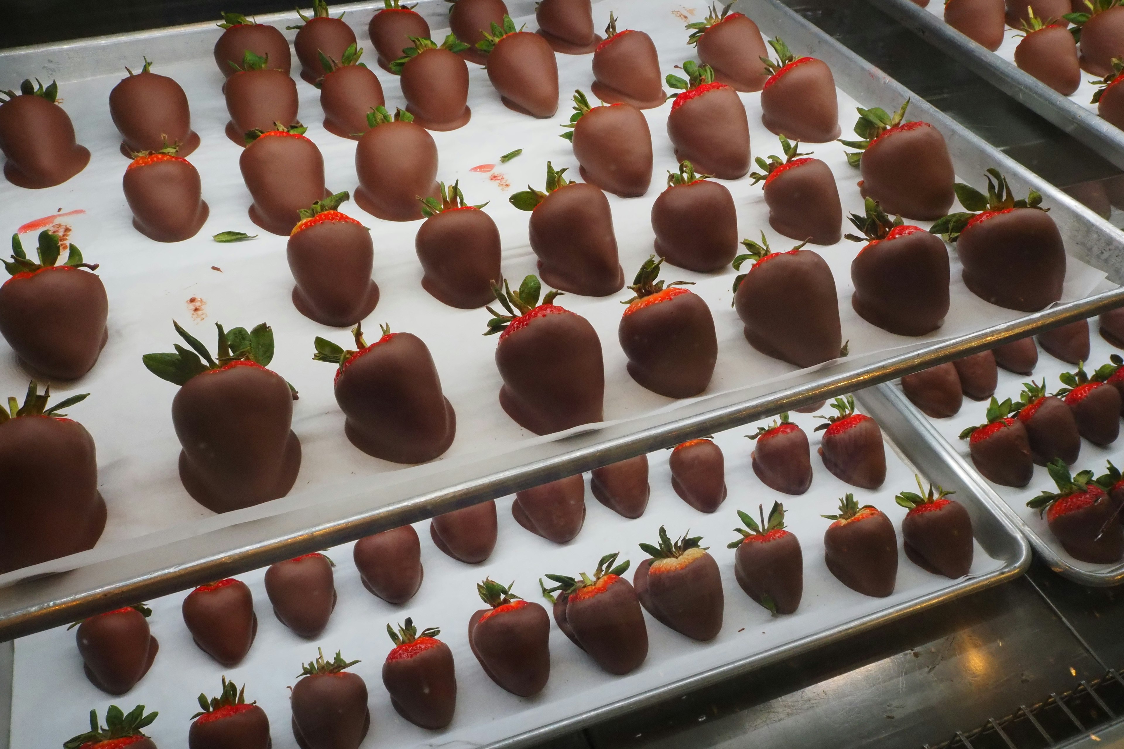 Bandeja de fresas cubiertas de chocolate dispuestas ordenadamente