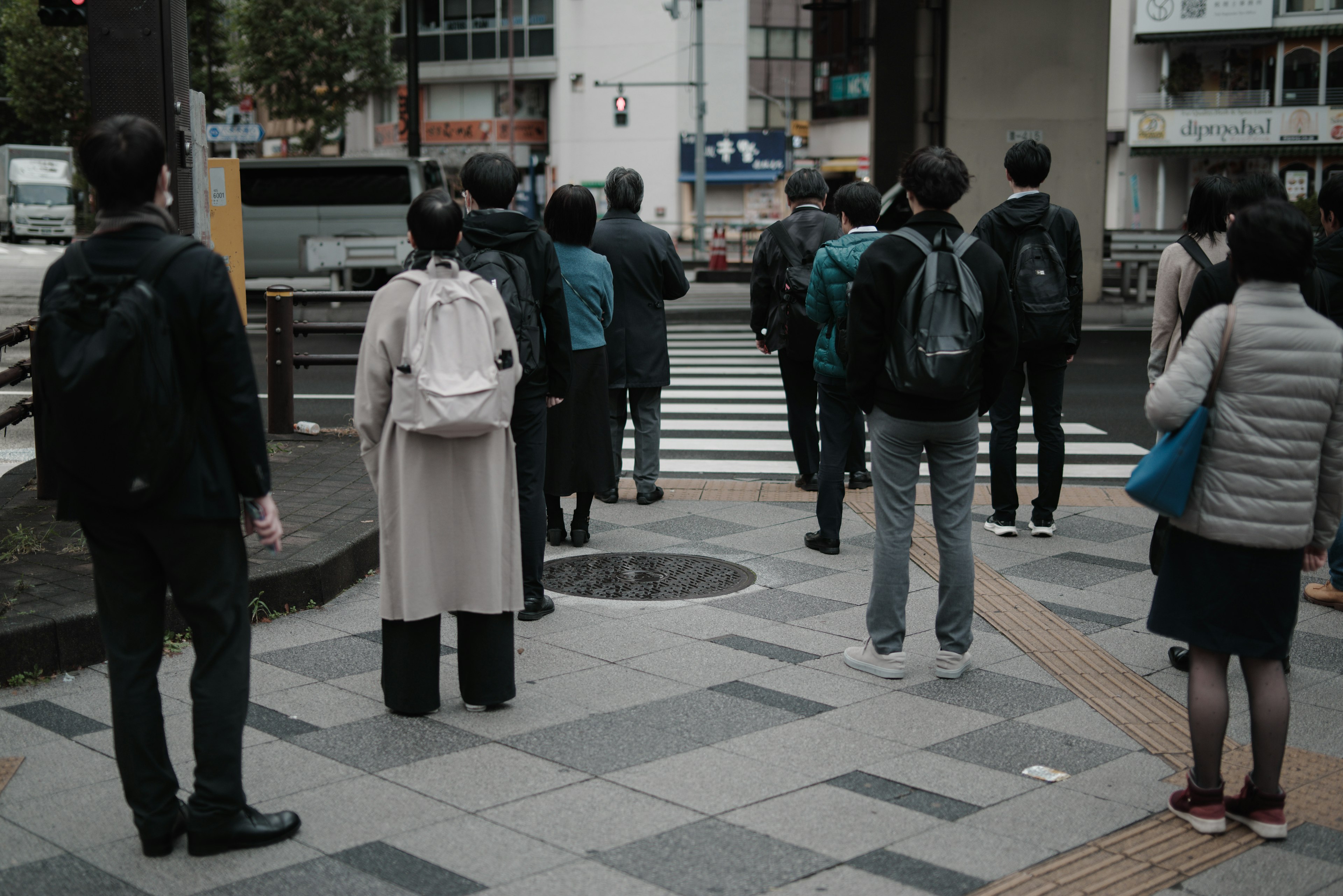 Crowd of people waiting at a crosswalk with urban scenery