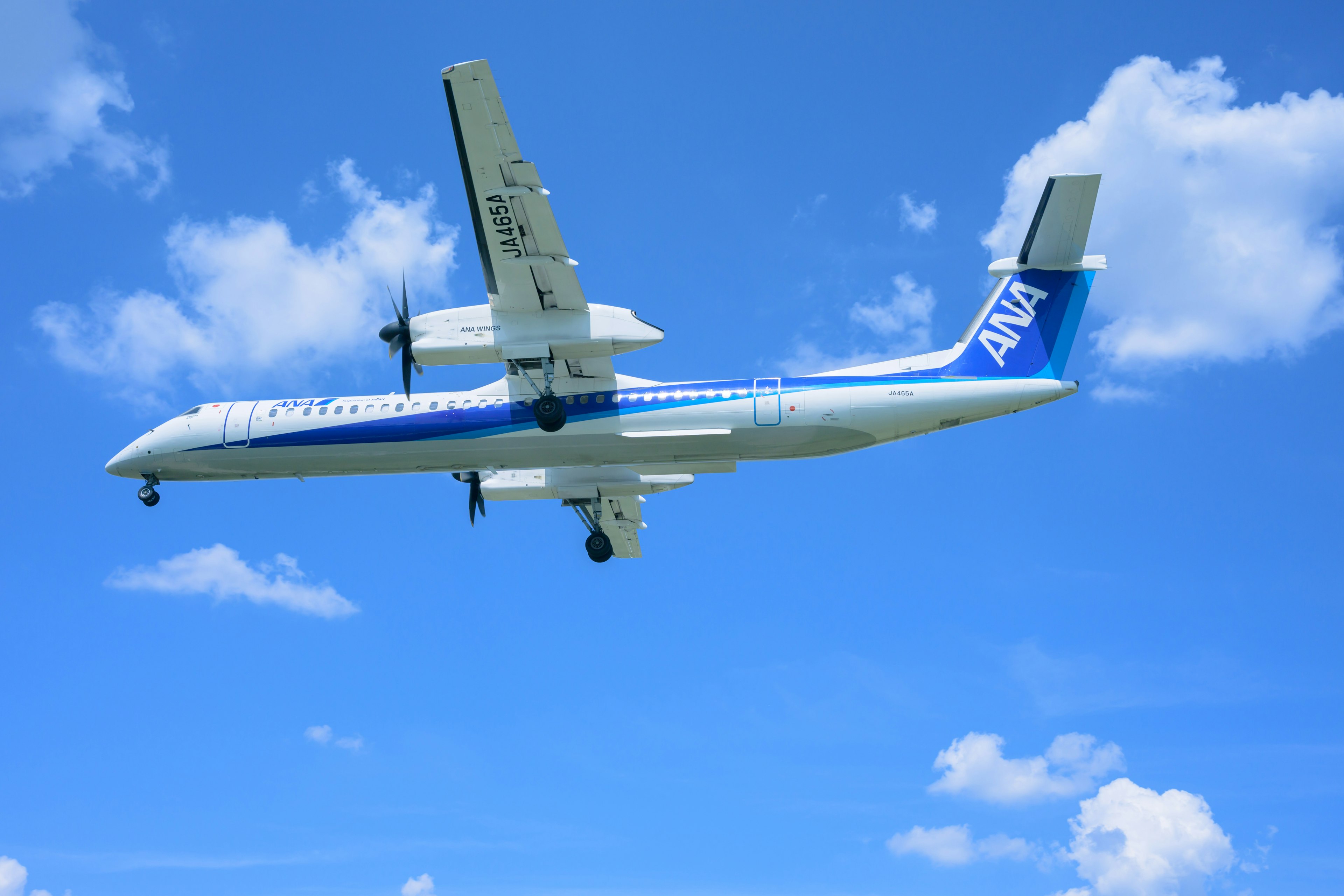 Propellerflugzeug fliegt gegen einen blauen Himmel