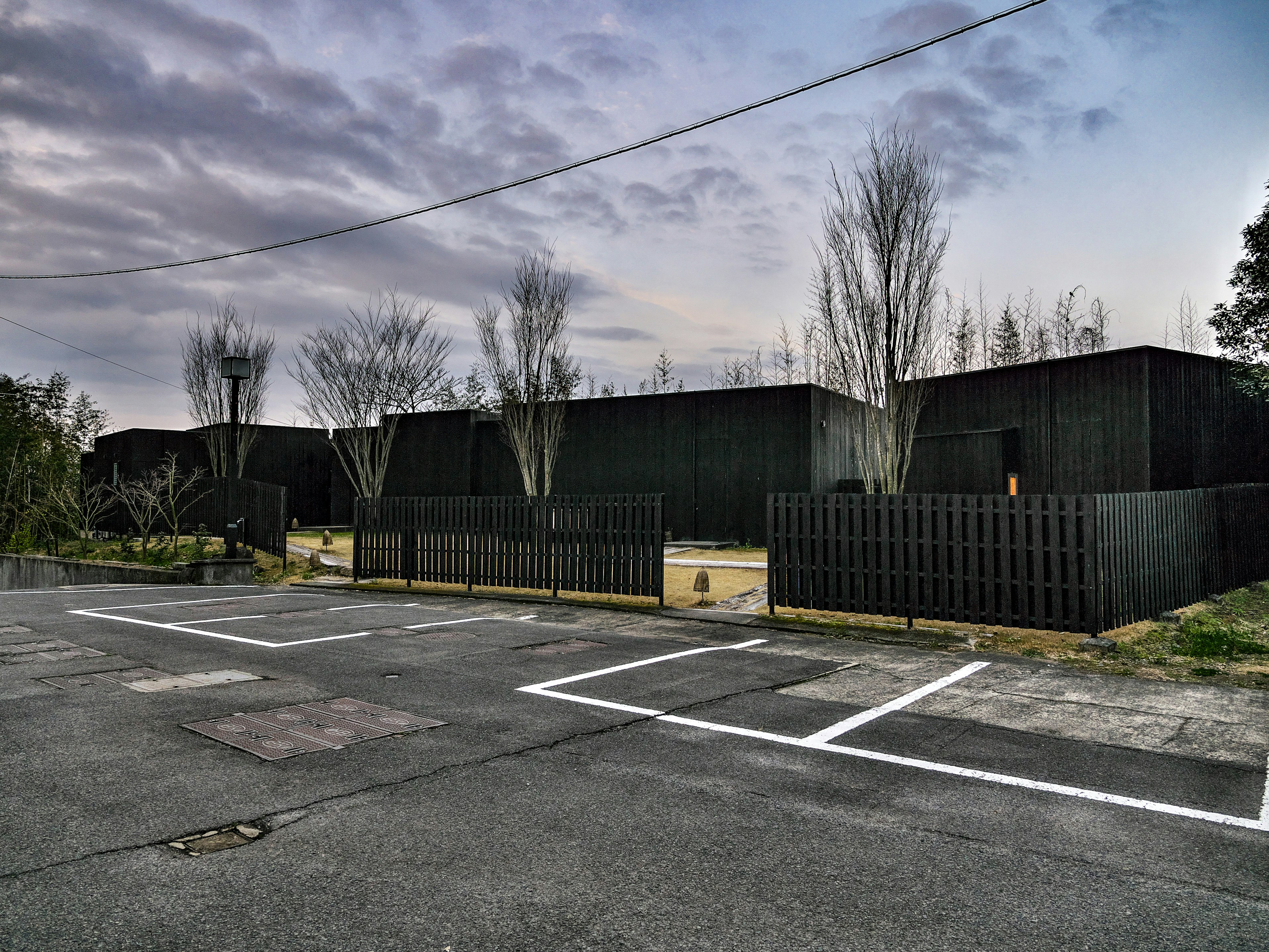 Modern buildings with black exteriors and surrounding trees