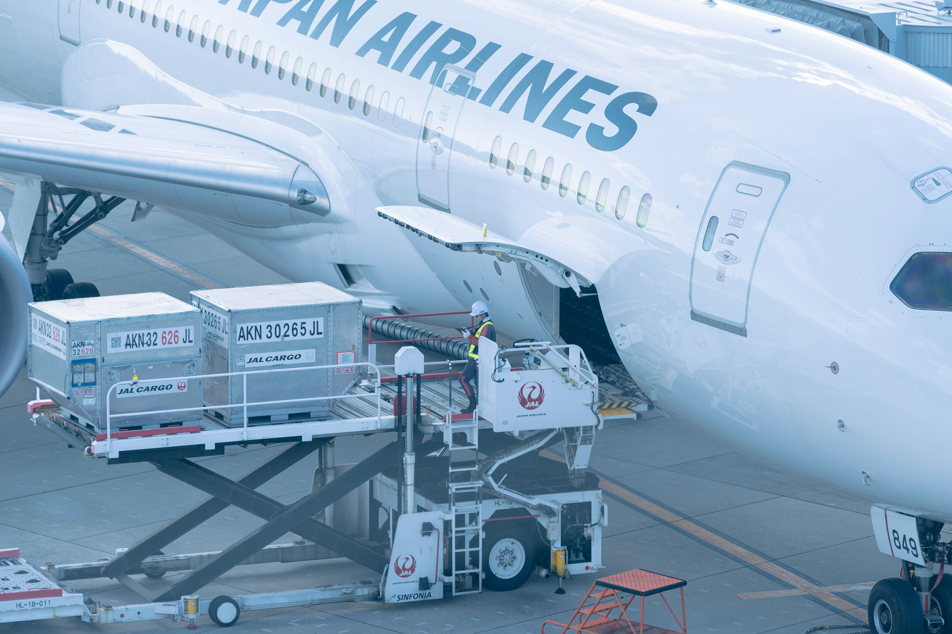 Japan Airlines aircraft being loaded with cargo