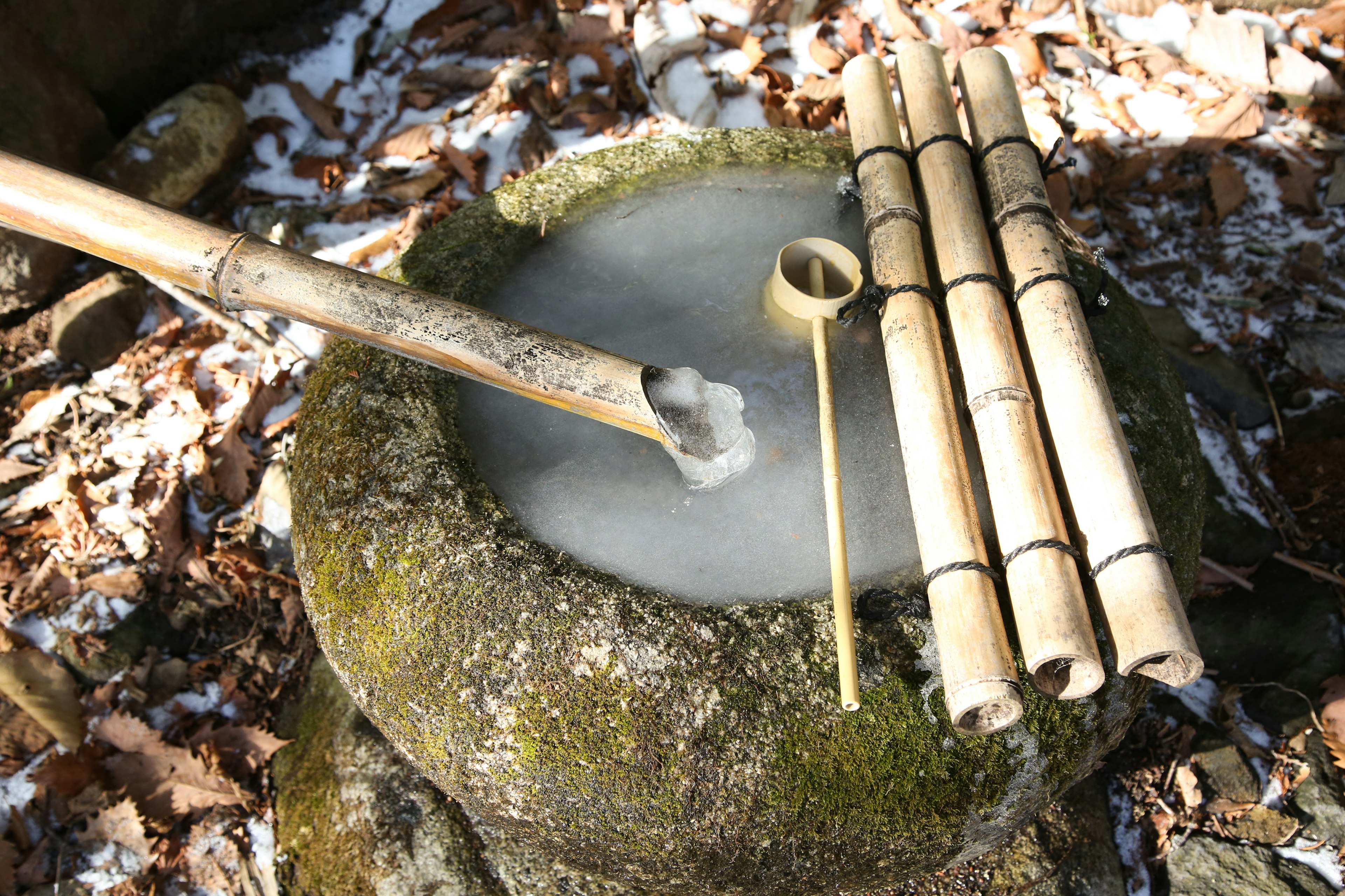 竹の水汲み器と石の水鉢がある自然の風景