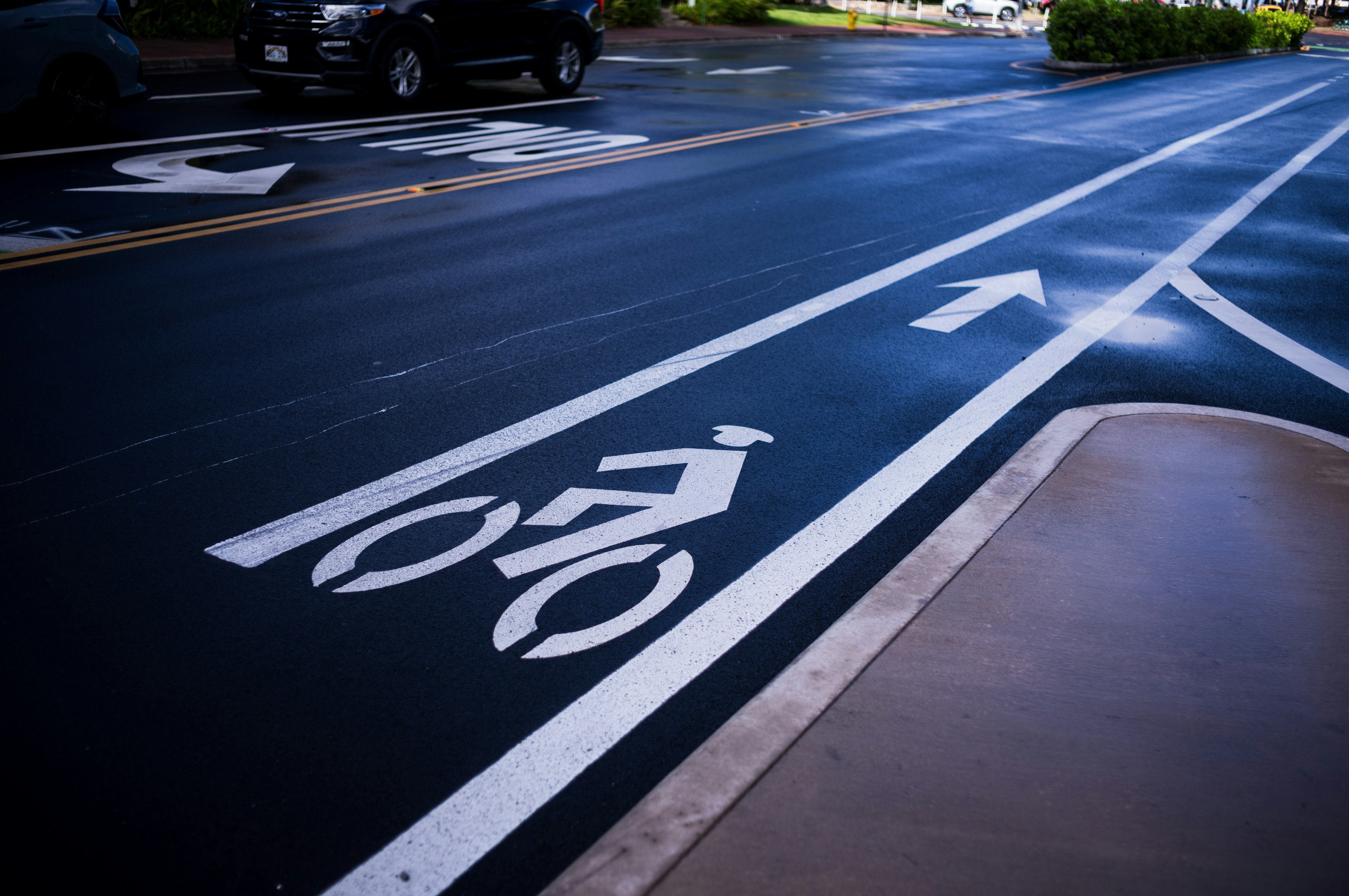 Corsia ciclabile con simbolo di ciclista dipinto e frecce direzionali