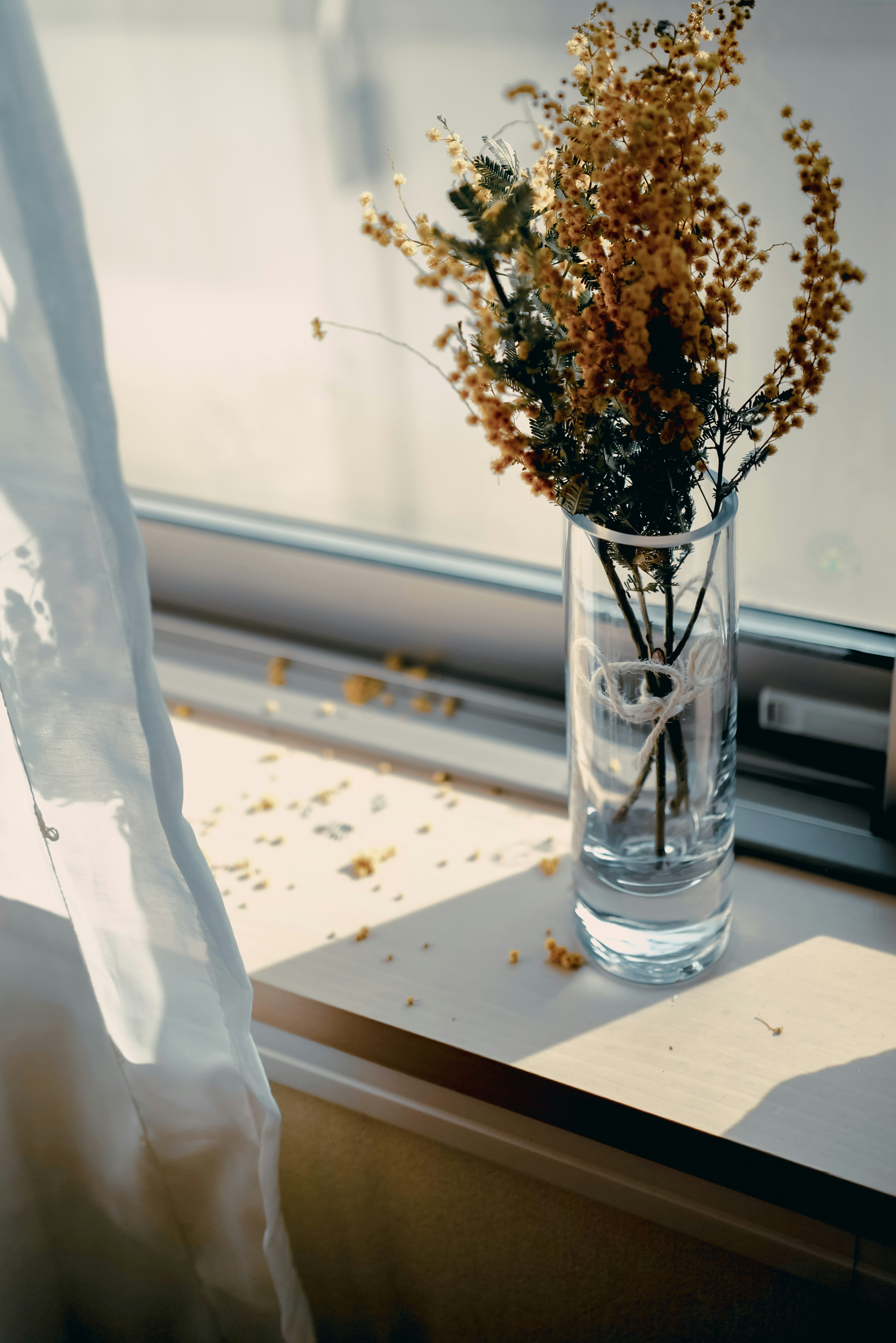 A glass vase with yellow flowers on a windowsill with scattered petals