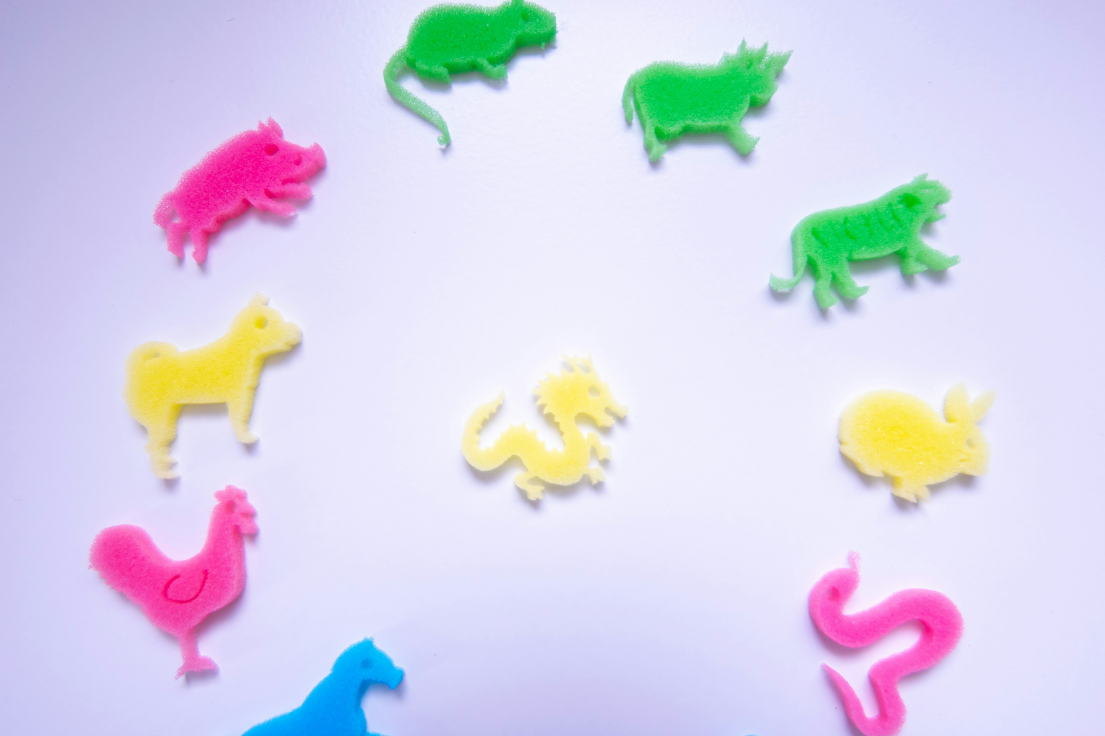 Colorful plastic animal shapes arranged in a circular pattern