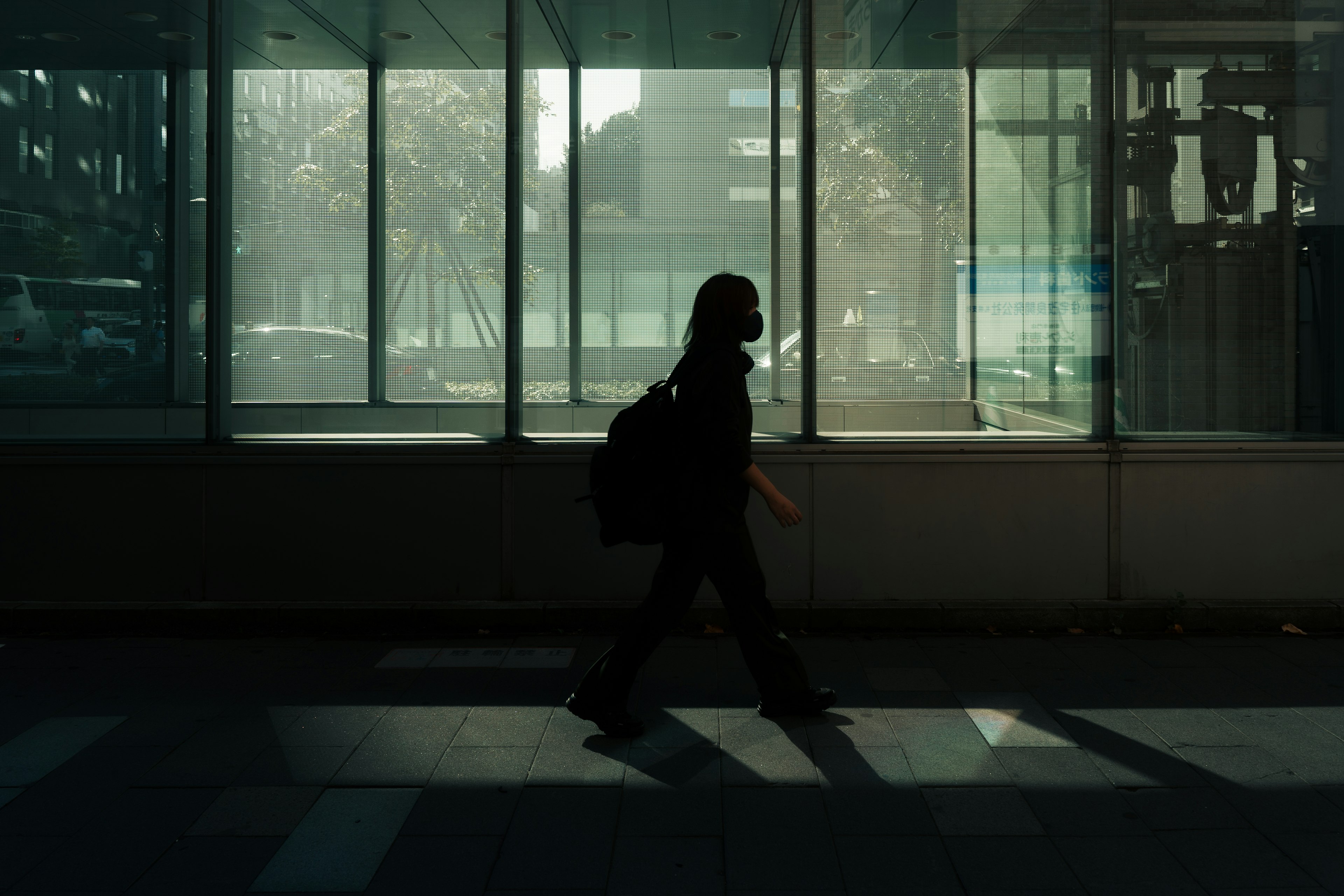 Silhouette of a person walking in front of a glass wall