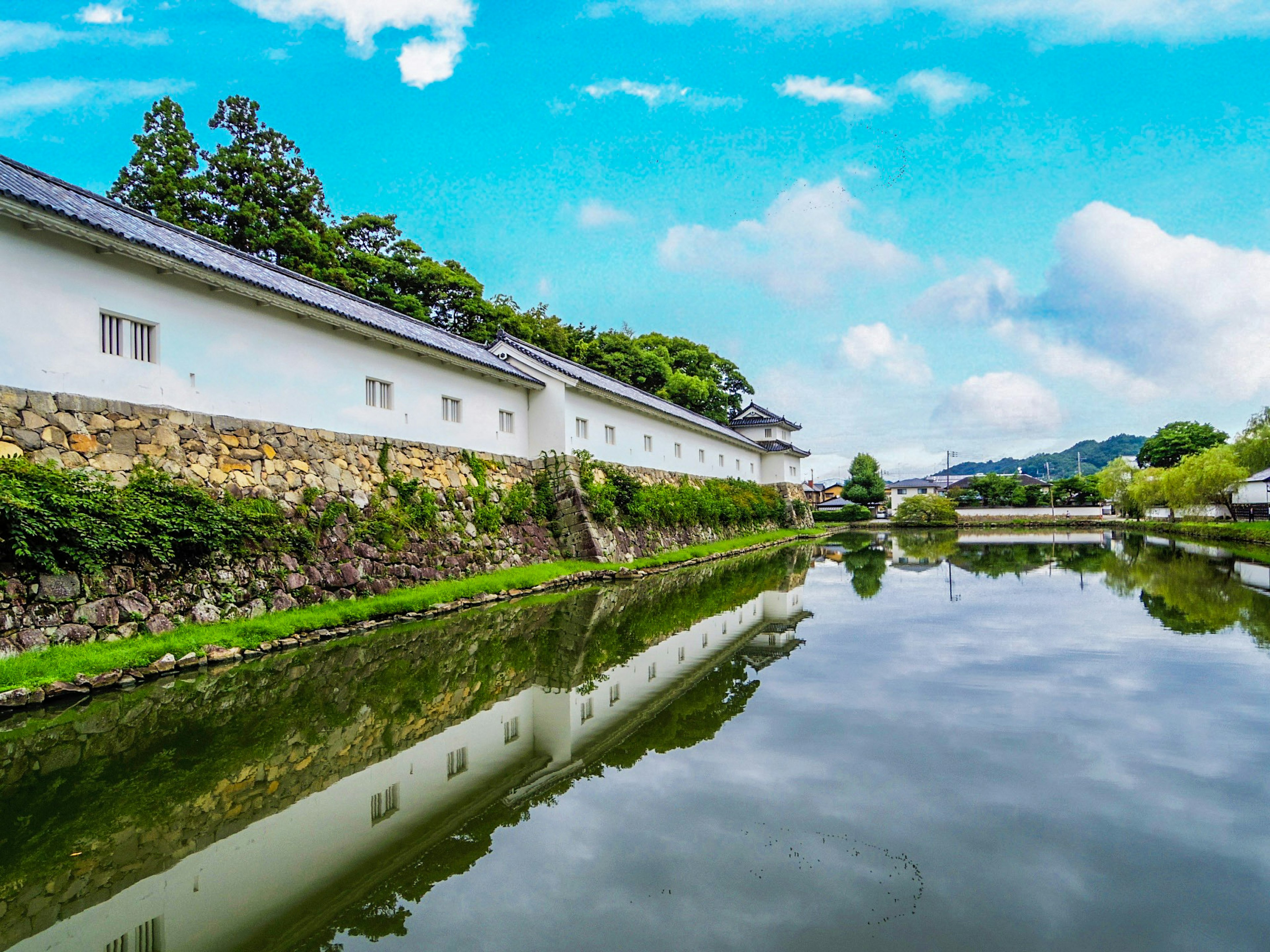 Scenic view of a pond reflecting a white wall building