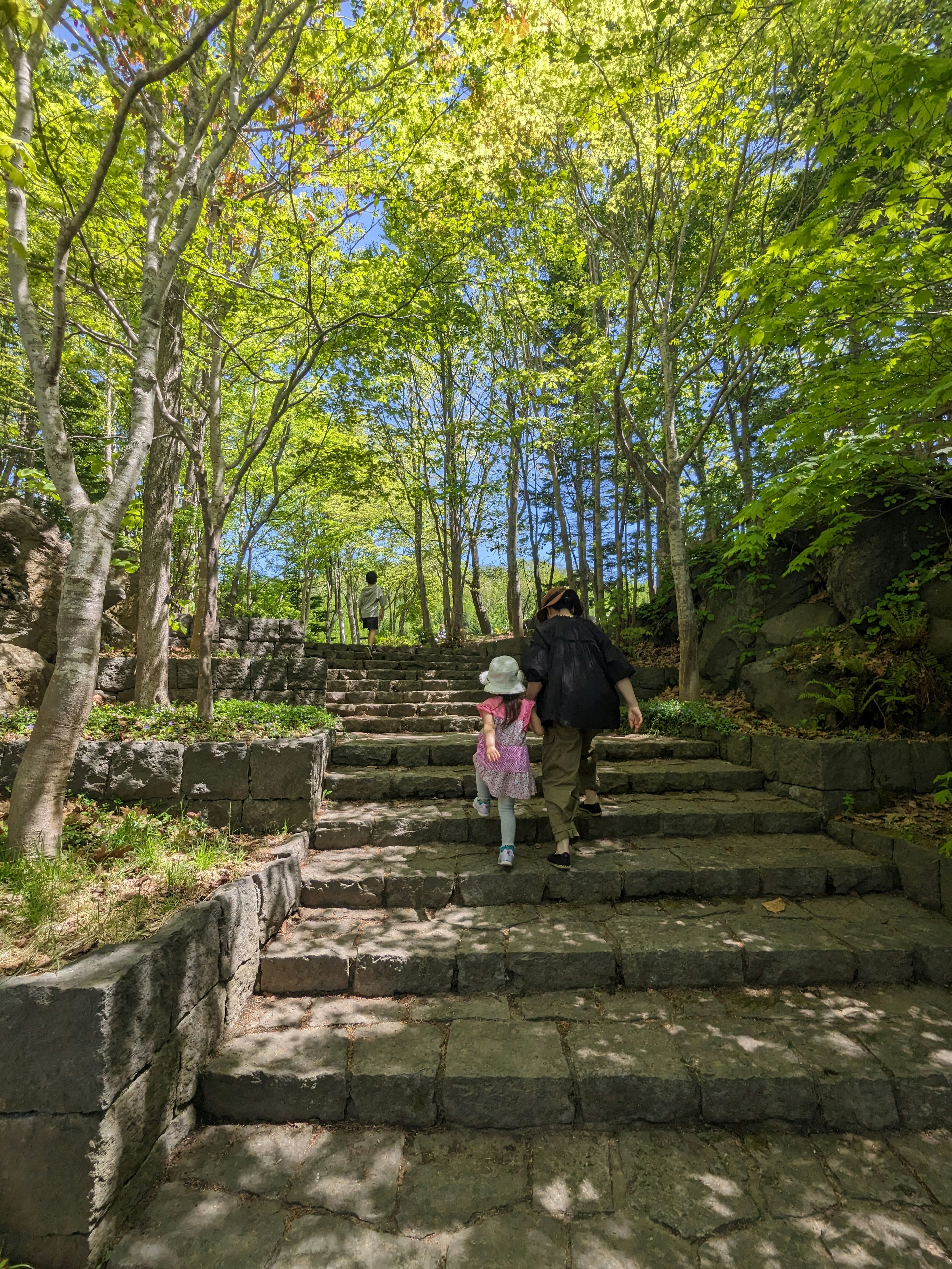 Ein Elternteil und ein Kind, die steinerne Treppen umgeben von grünen Bäumen hinaufgehen