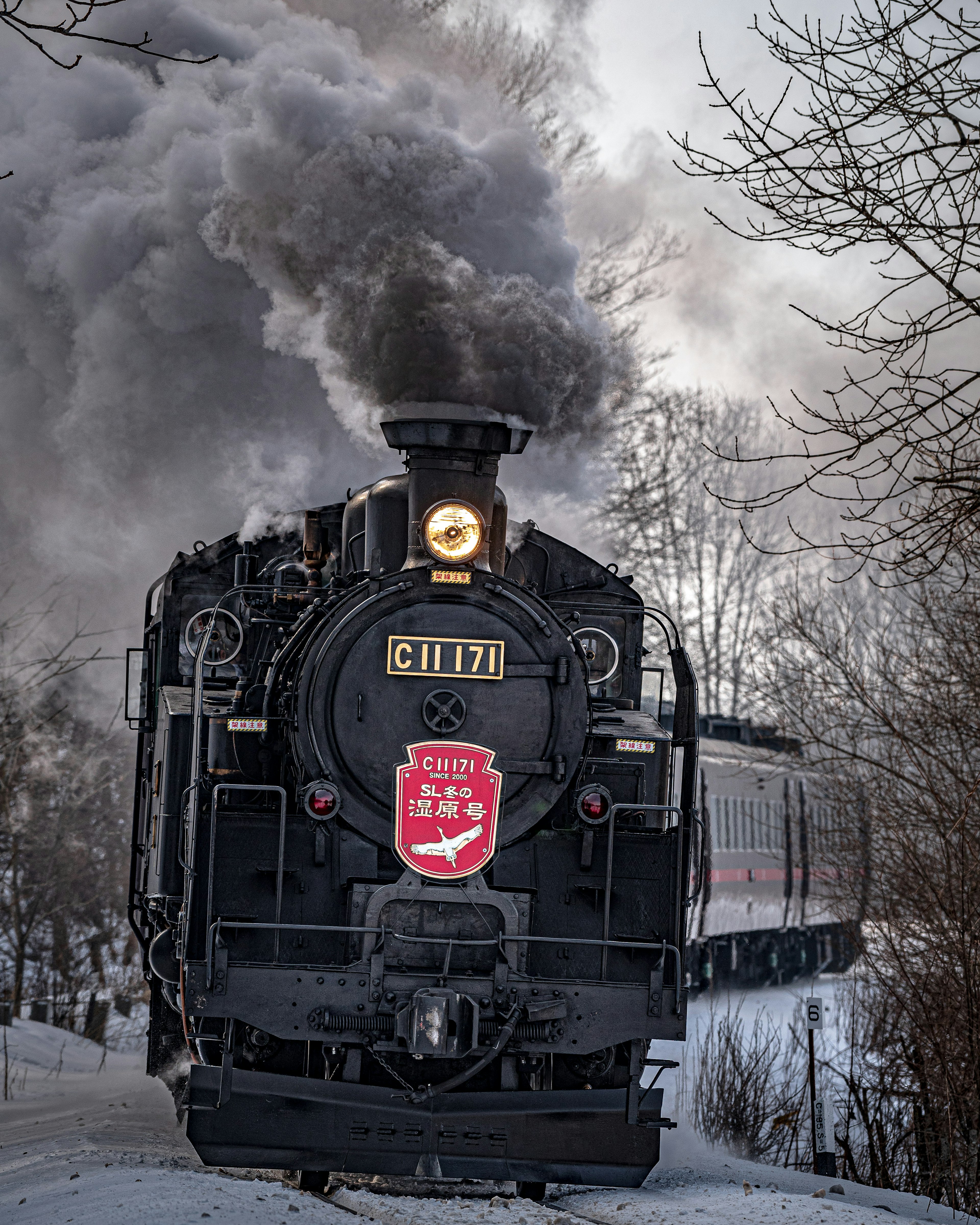 Locomotive à vapeur émettant de la fumée dans un paysage d'hiver