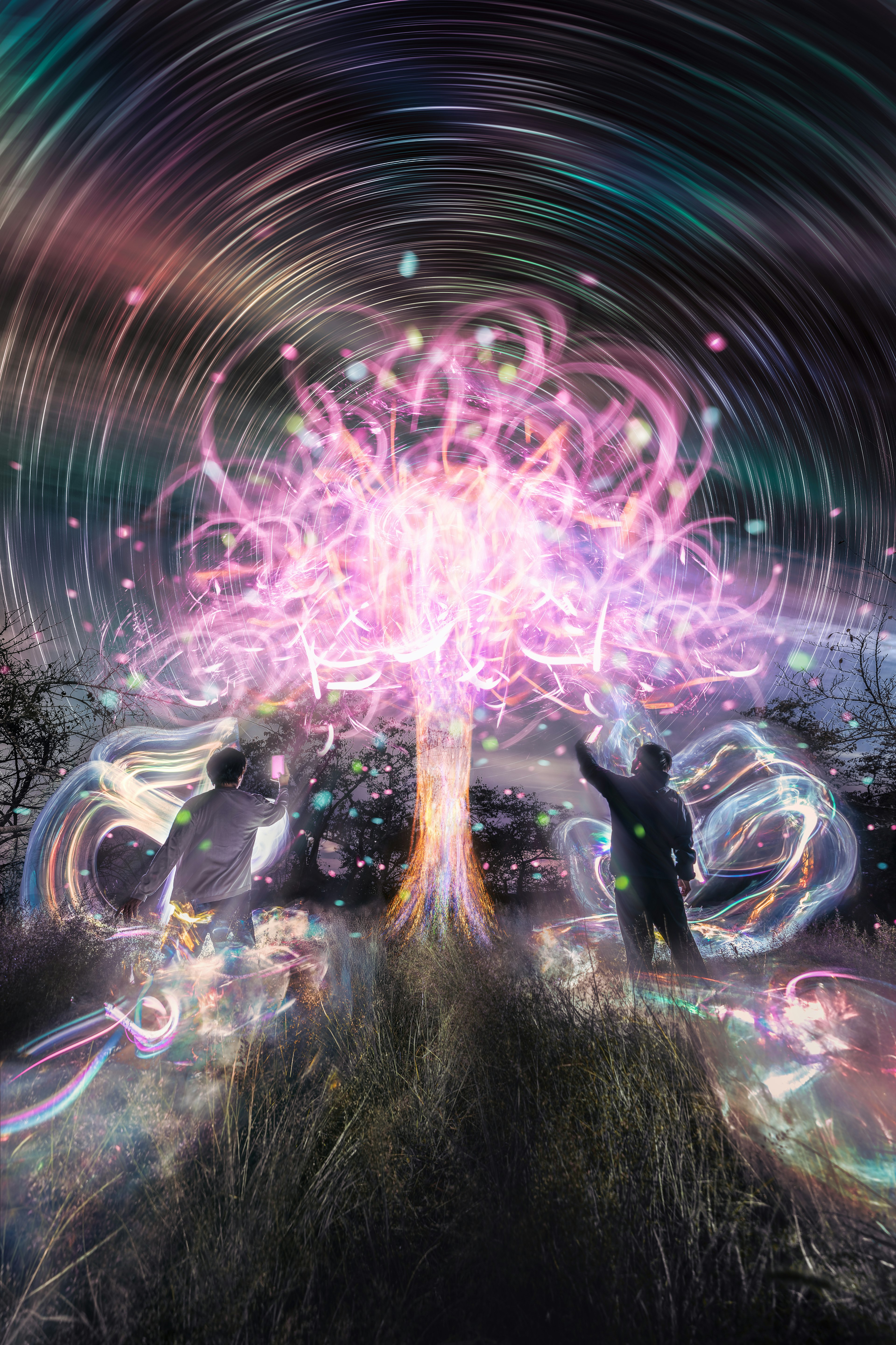 Artistic depiction of a glowing tree surrounded by figures in a swirling background