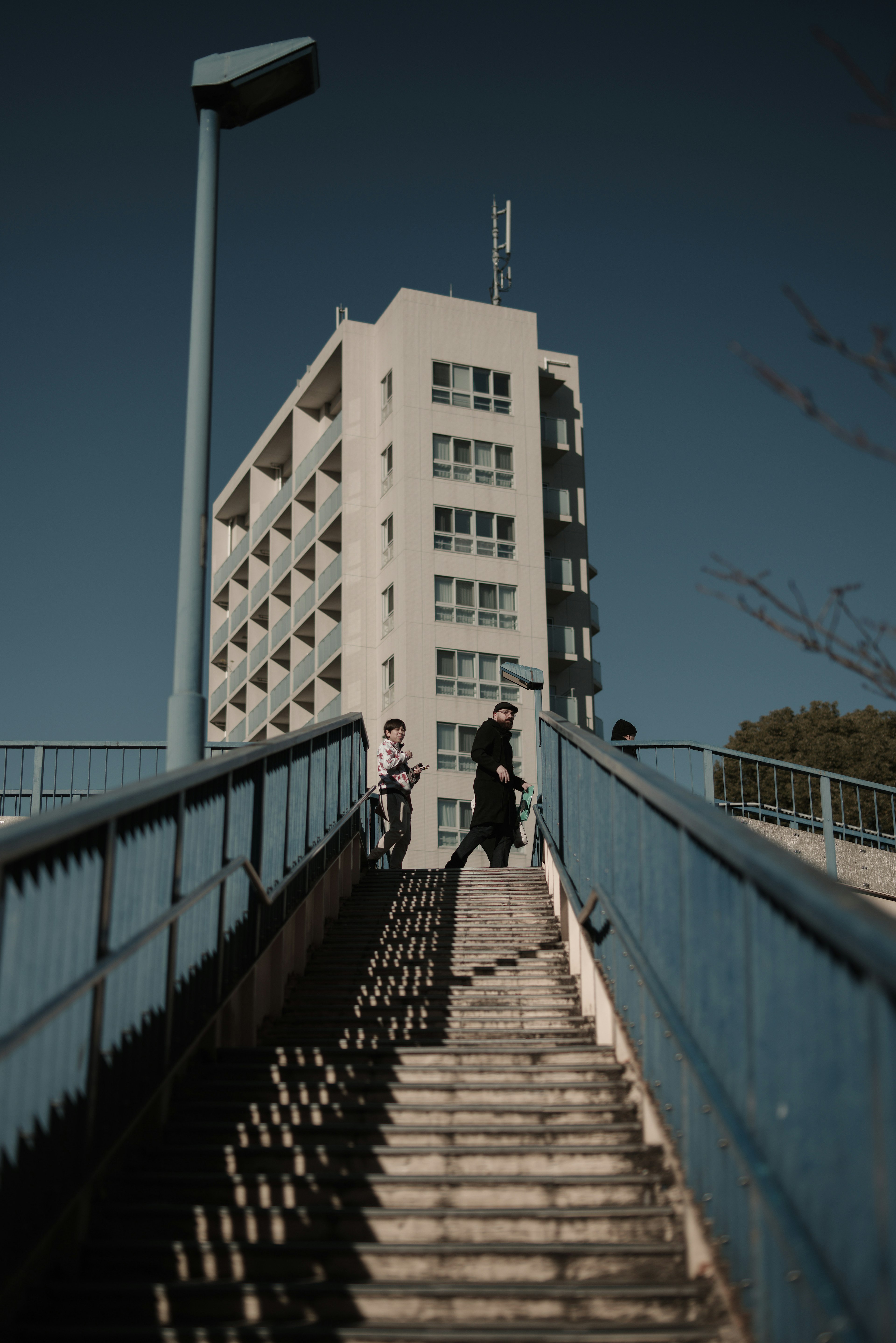 Personas subiendo escaleras con un edificio moderno al fondo