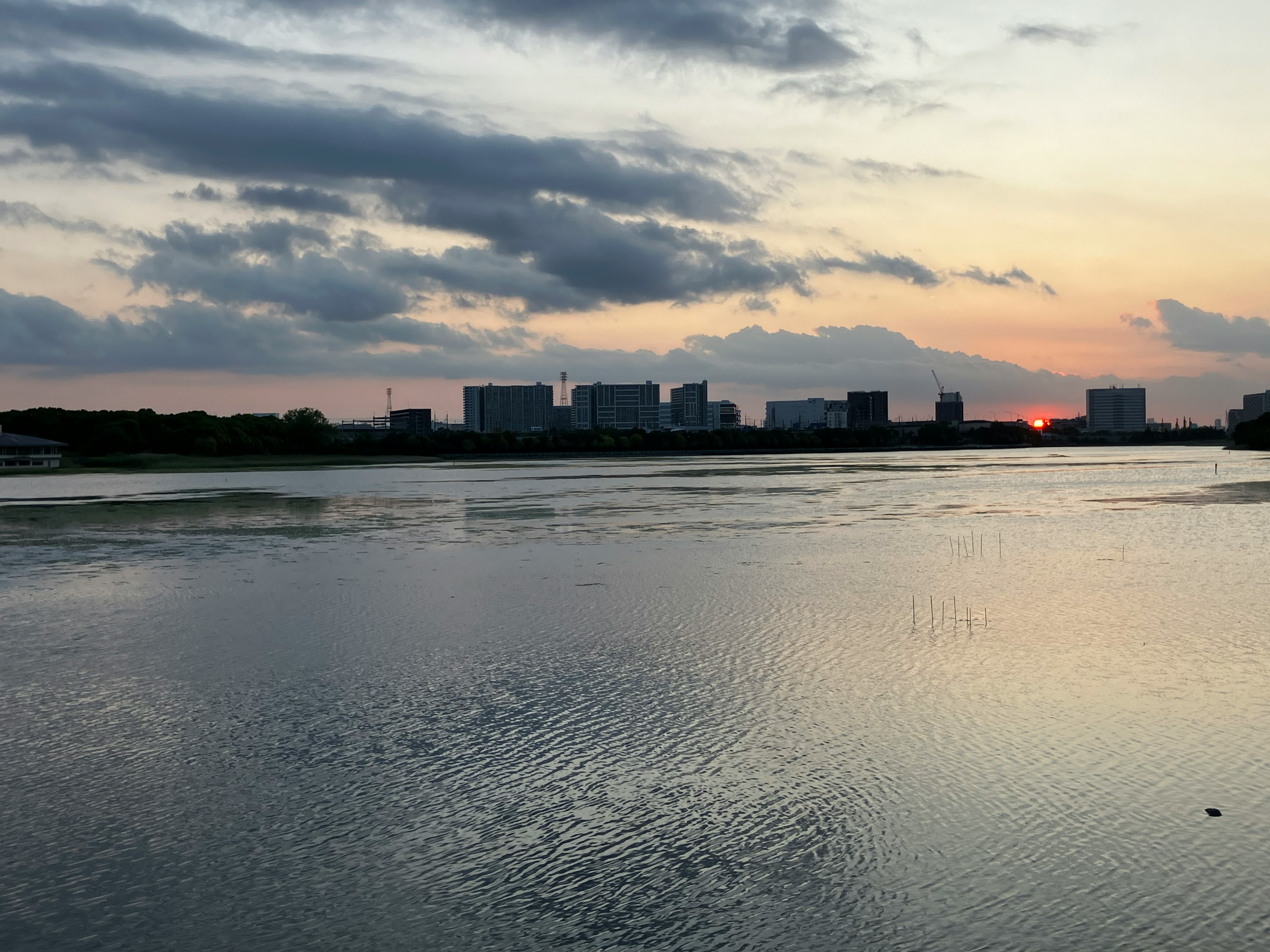 夕暮れの水面に映る都市のシルエット