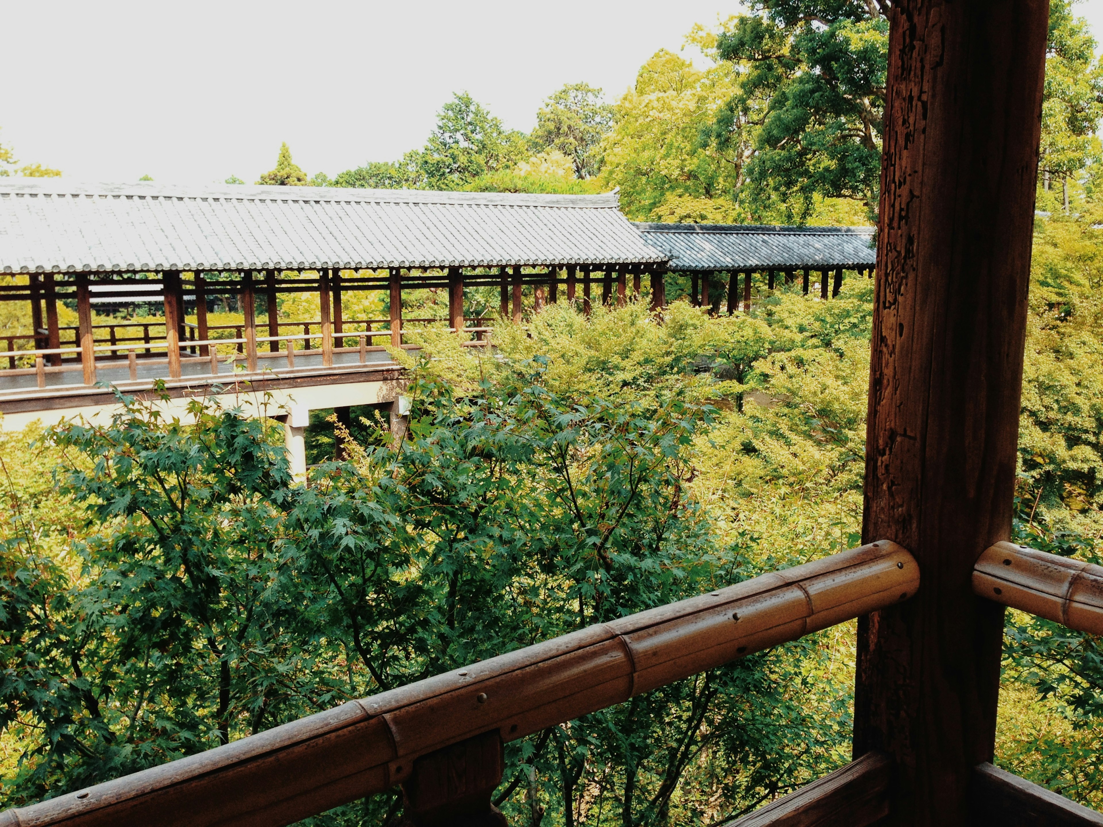 View from a wooden balcony overlooking lush green scenery