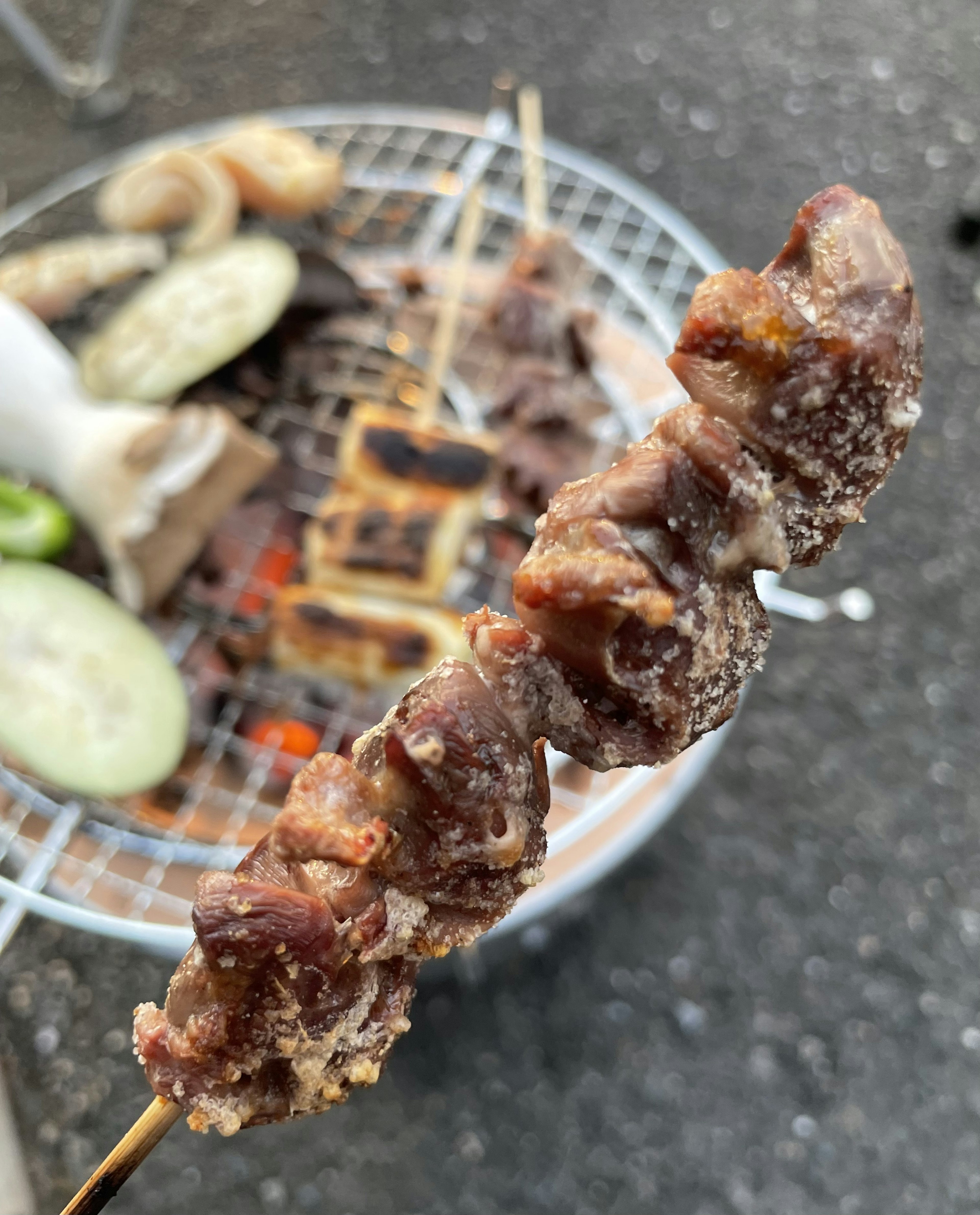 Grilled meat skewer over charcoal grill