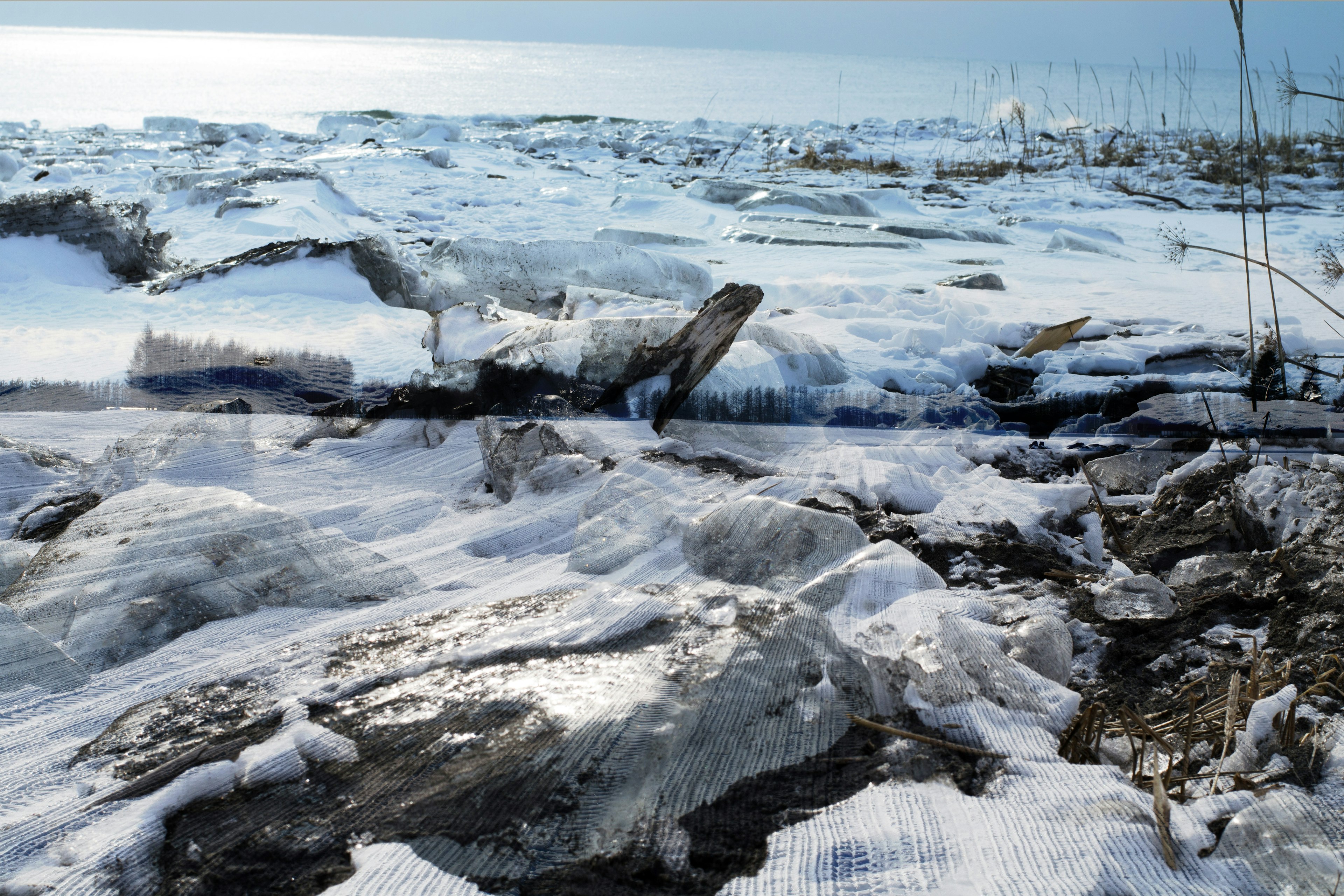 Costa rocosa cubierta de hielo y nieve