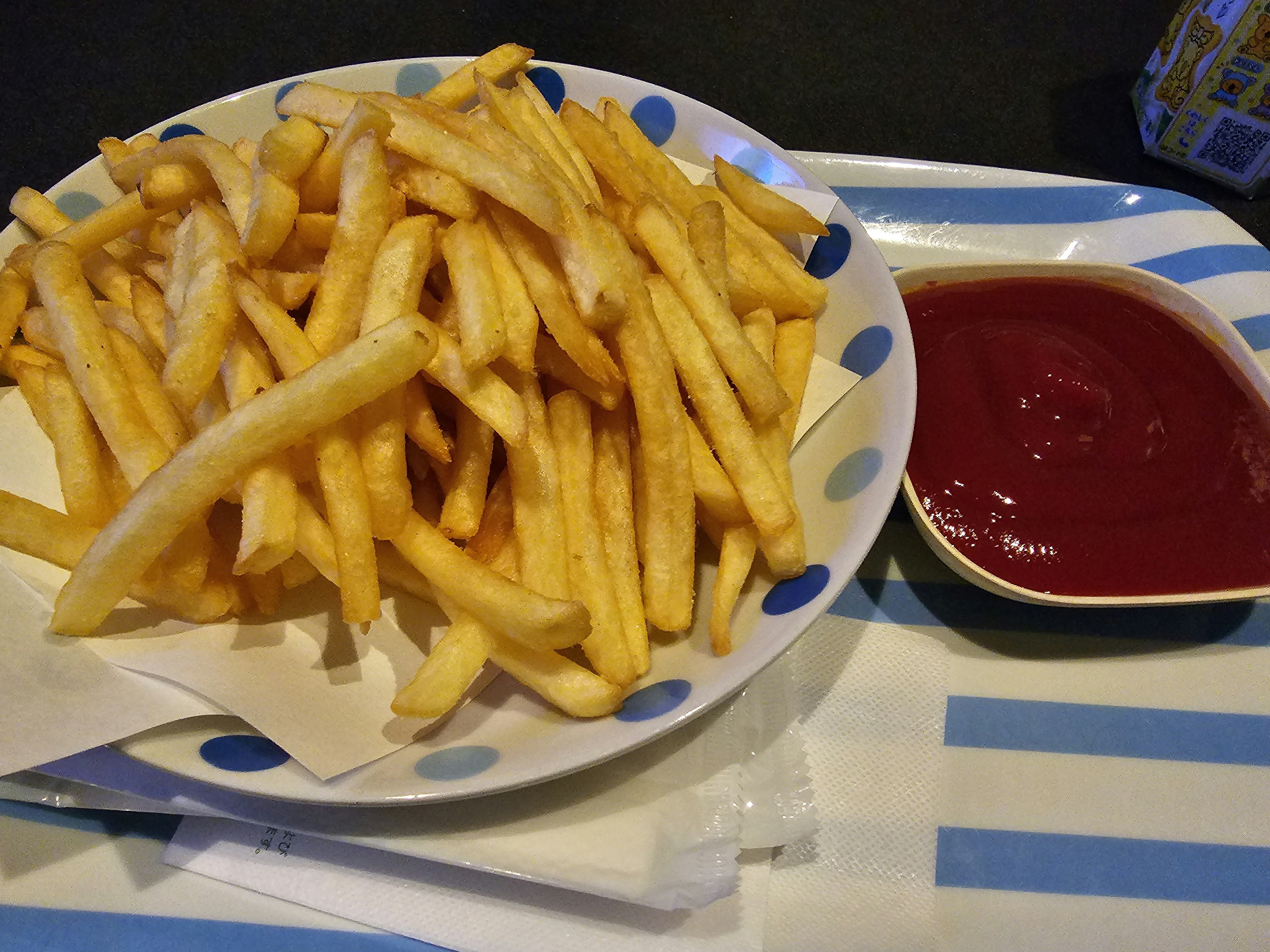 Plate of golden French fries with a side of ketchup