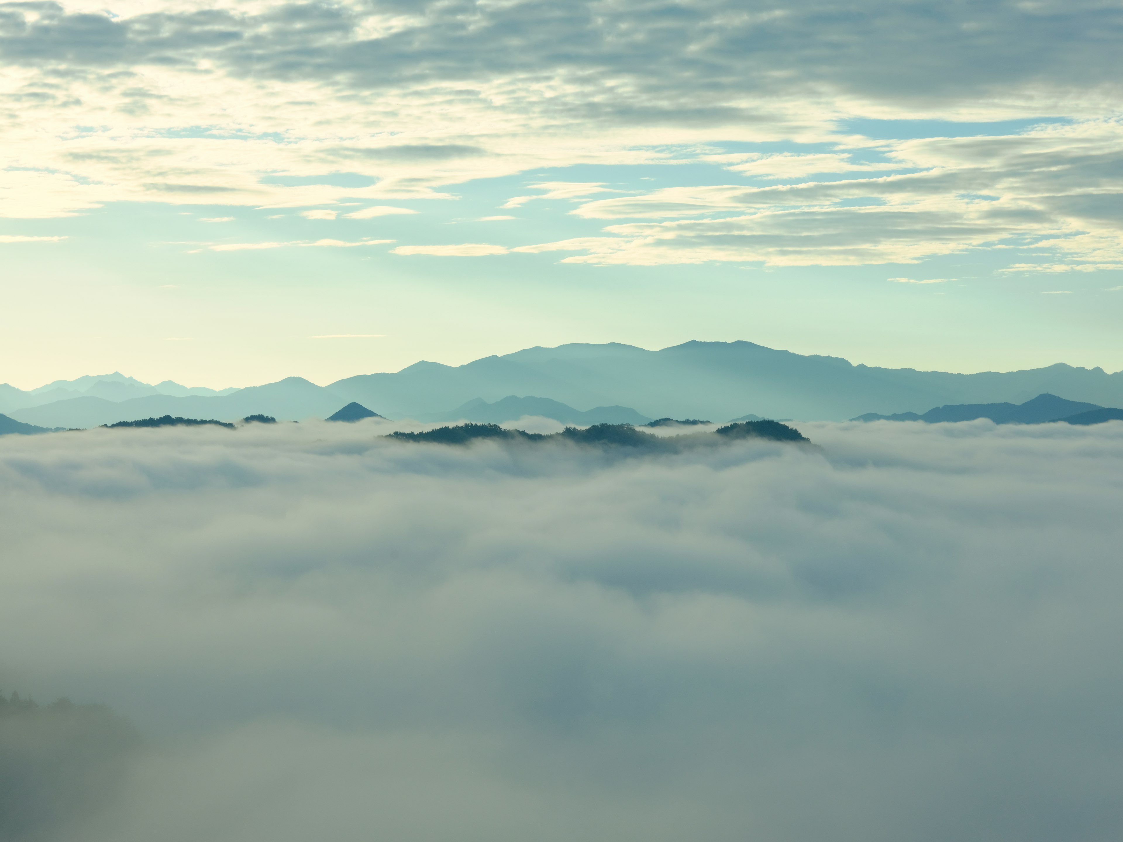 Mountain peaks emerging from a sea of fog under a cloudy sky