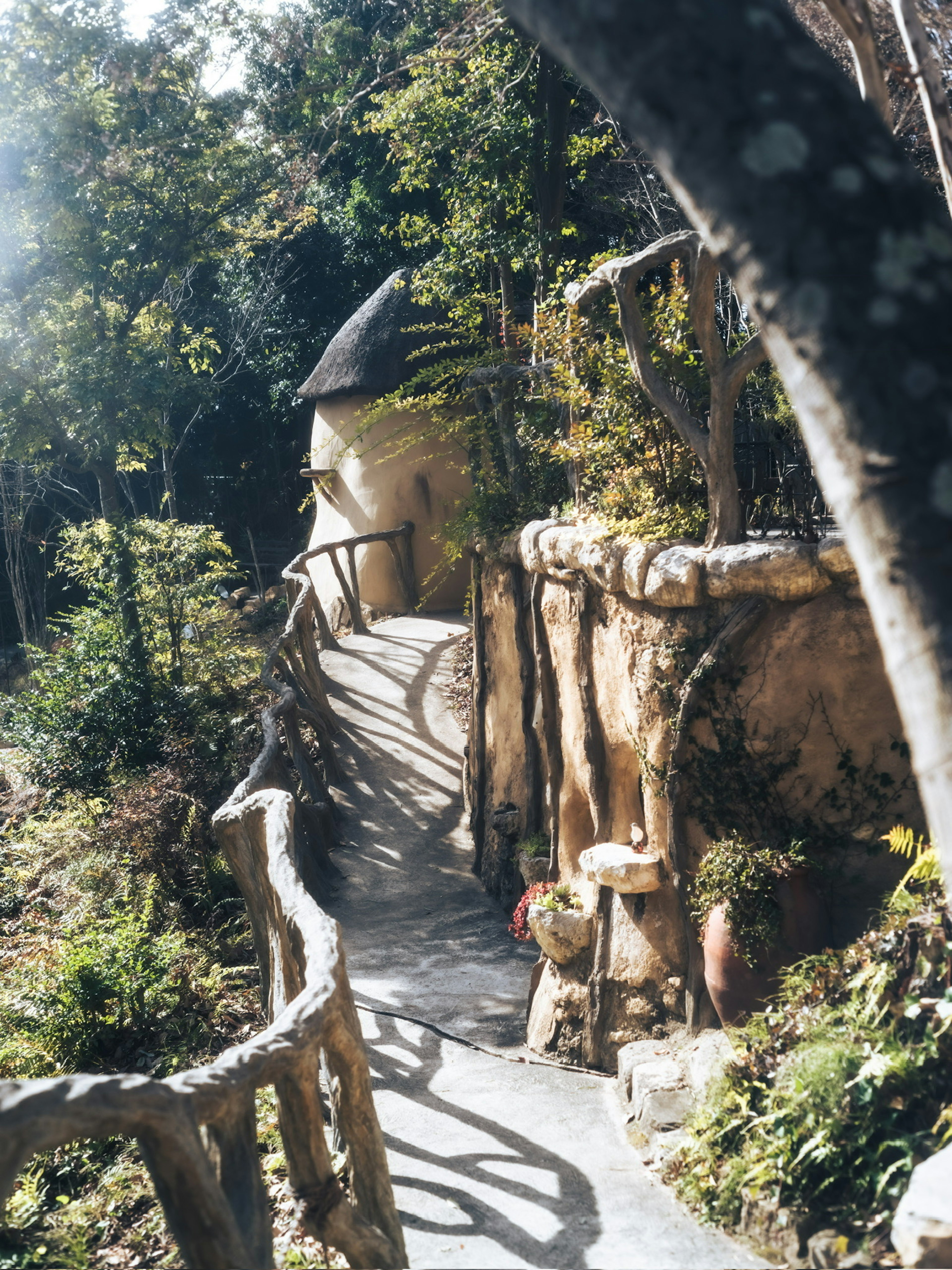 Ein gewundener Weg durch einen Wald zu einem einzigartig geformten Gebäude