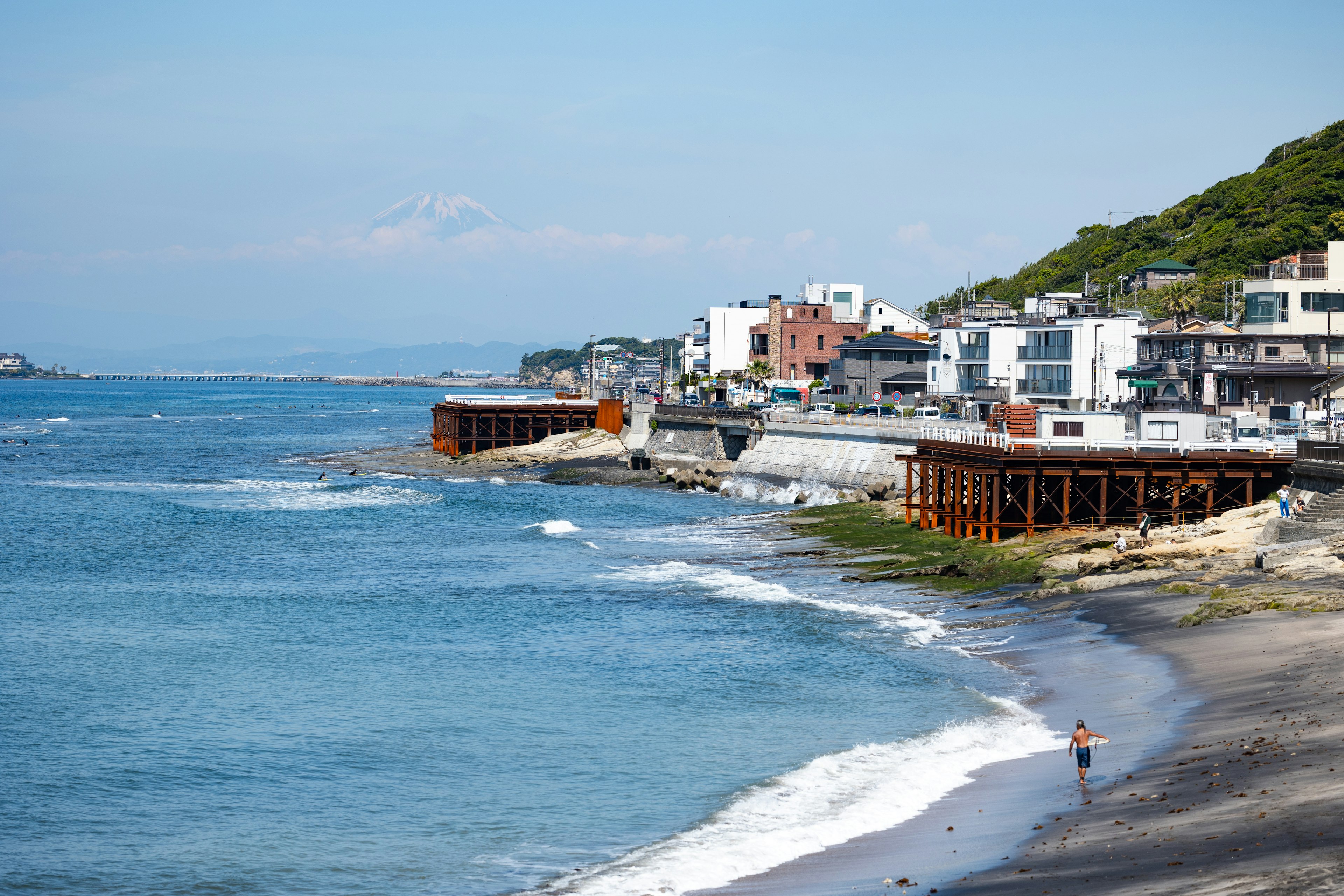 Coastal view featuring buildings along the shore