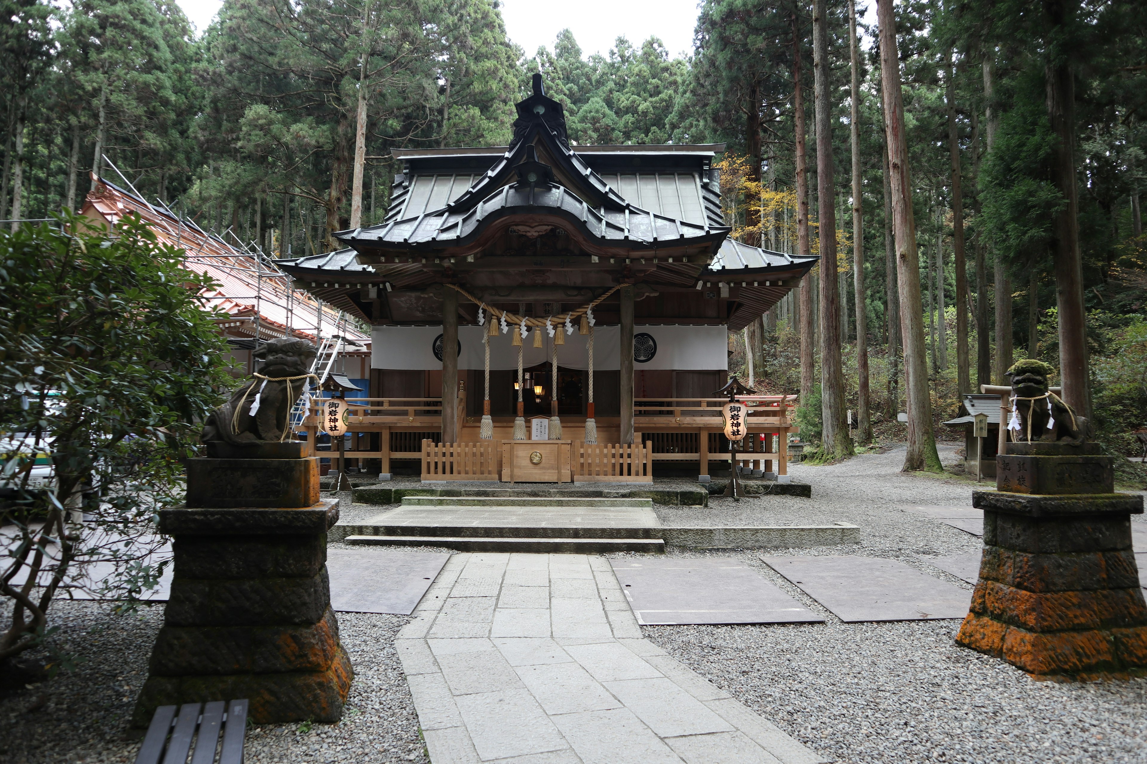 A serene shrine building nestled in a quiet forest setting