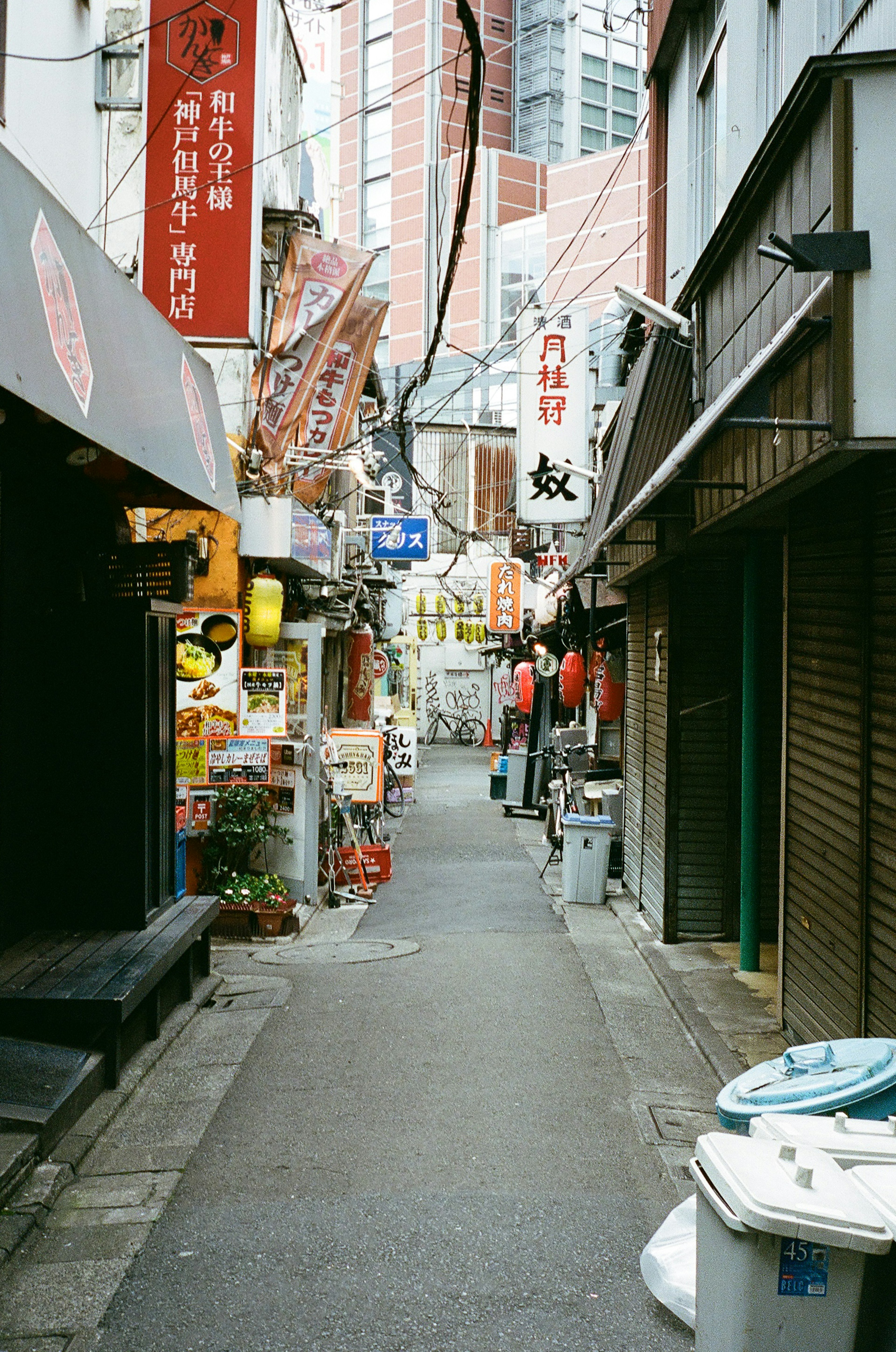 Narrow alley lined with eateries and signage typical of urban Japan