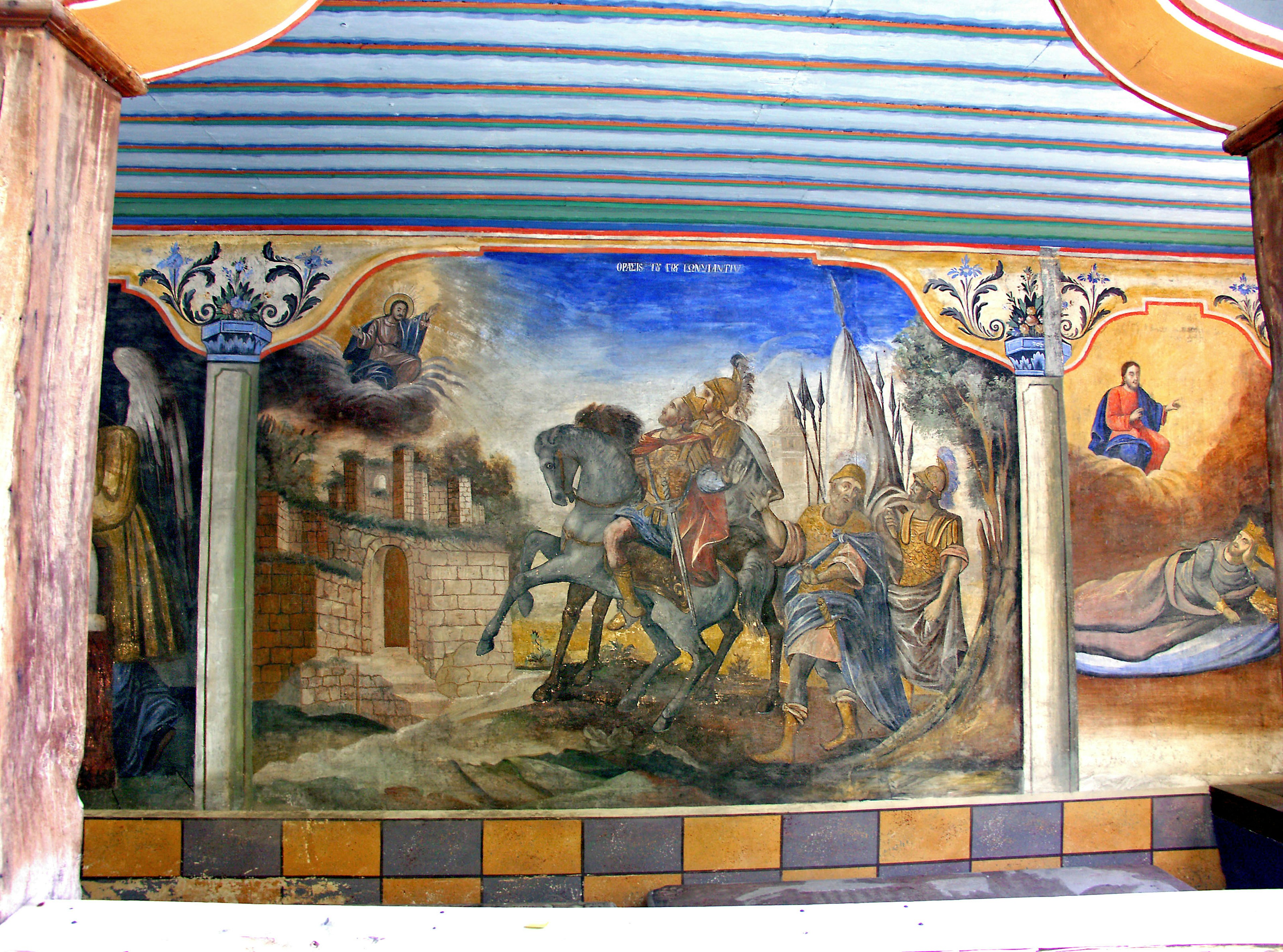 Mural représentant des chevaliers et des paysages avec des couleurs vives et des thèmes historiques