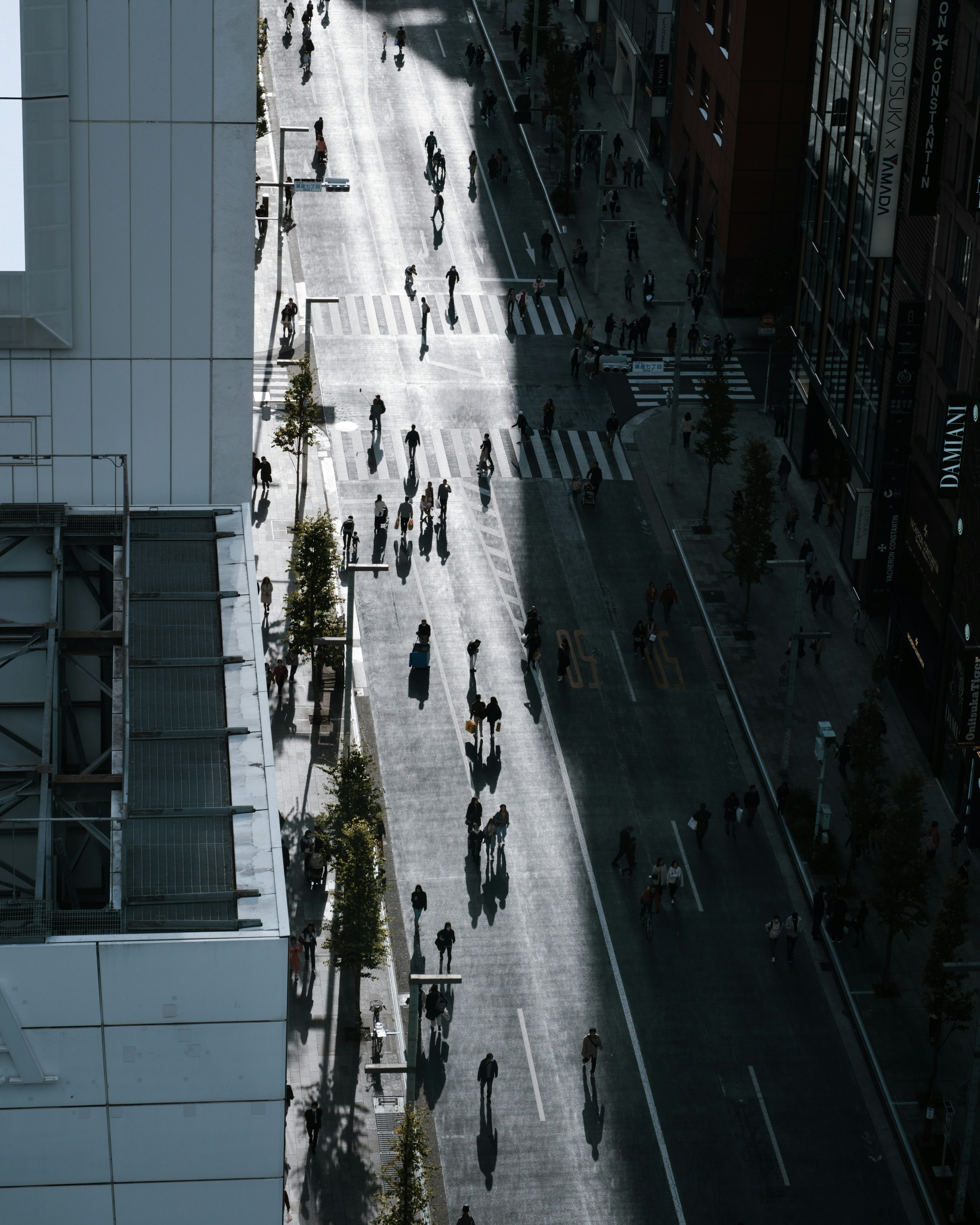 Aerial view of a city street with pedestrians and shadows