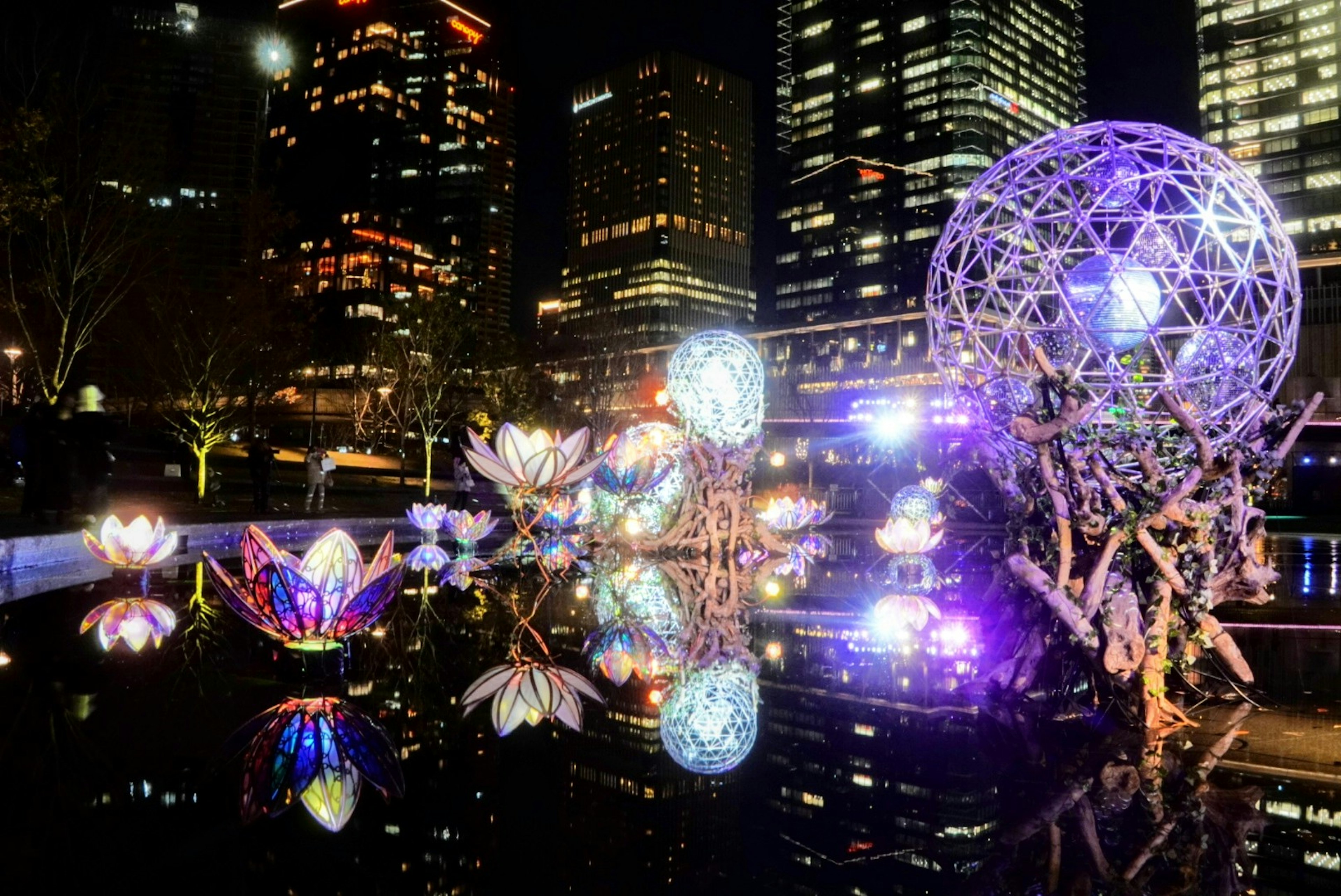 Fiori e oggetti colorati luminosi che si riflettono sull'acqua con lo skyline della città di notte