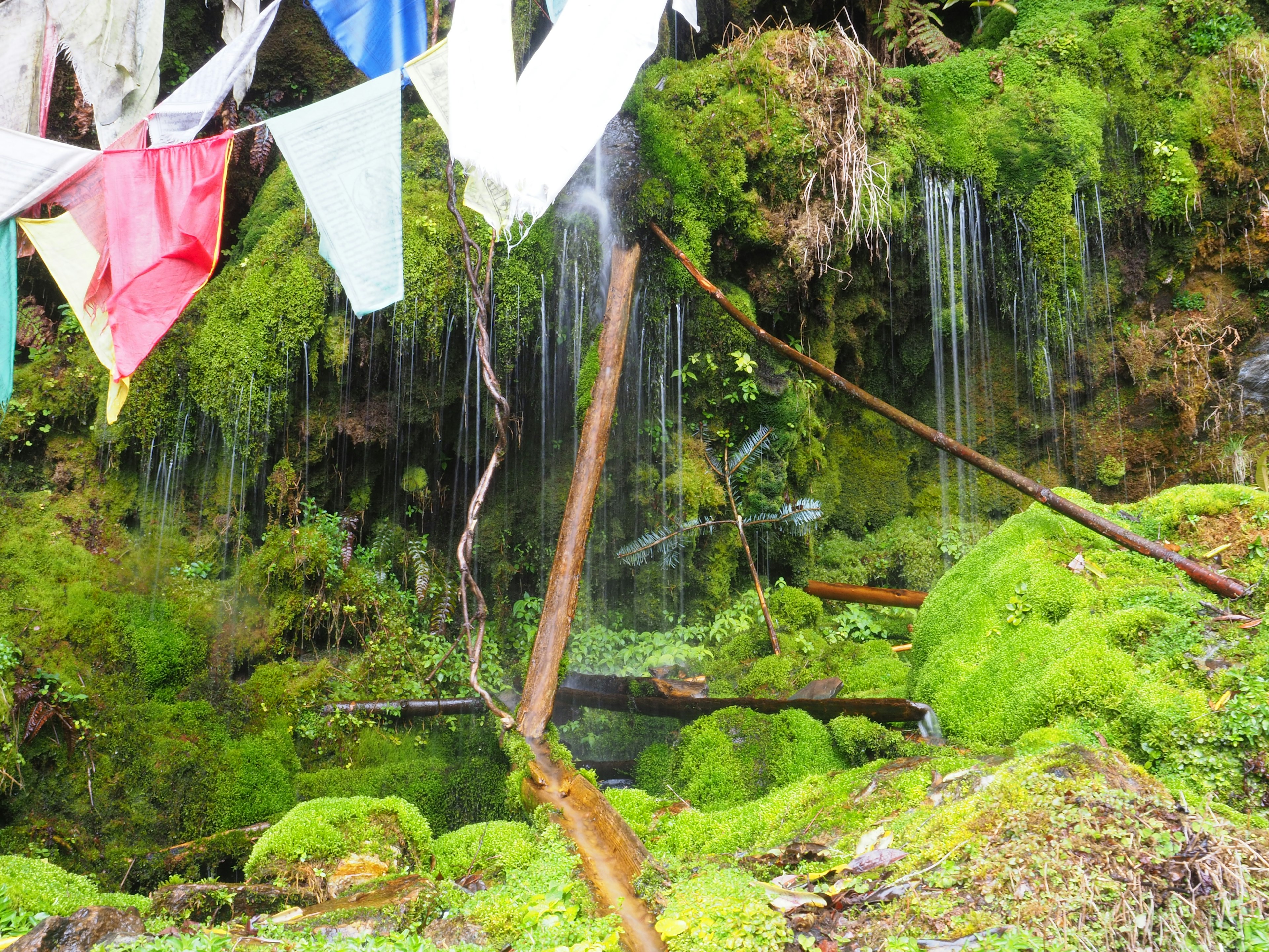 Paesaggio naturale con muschio verde e piccole cascate decorate con bandiere di preghiera colorate