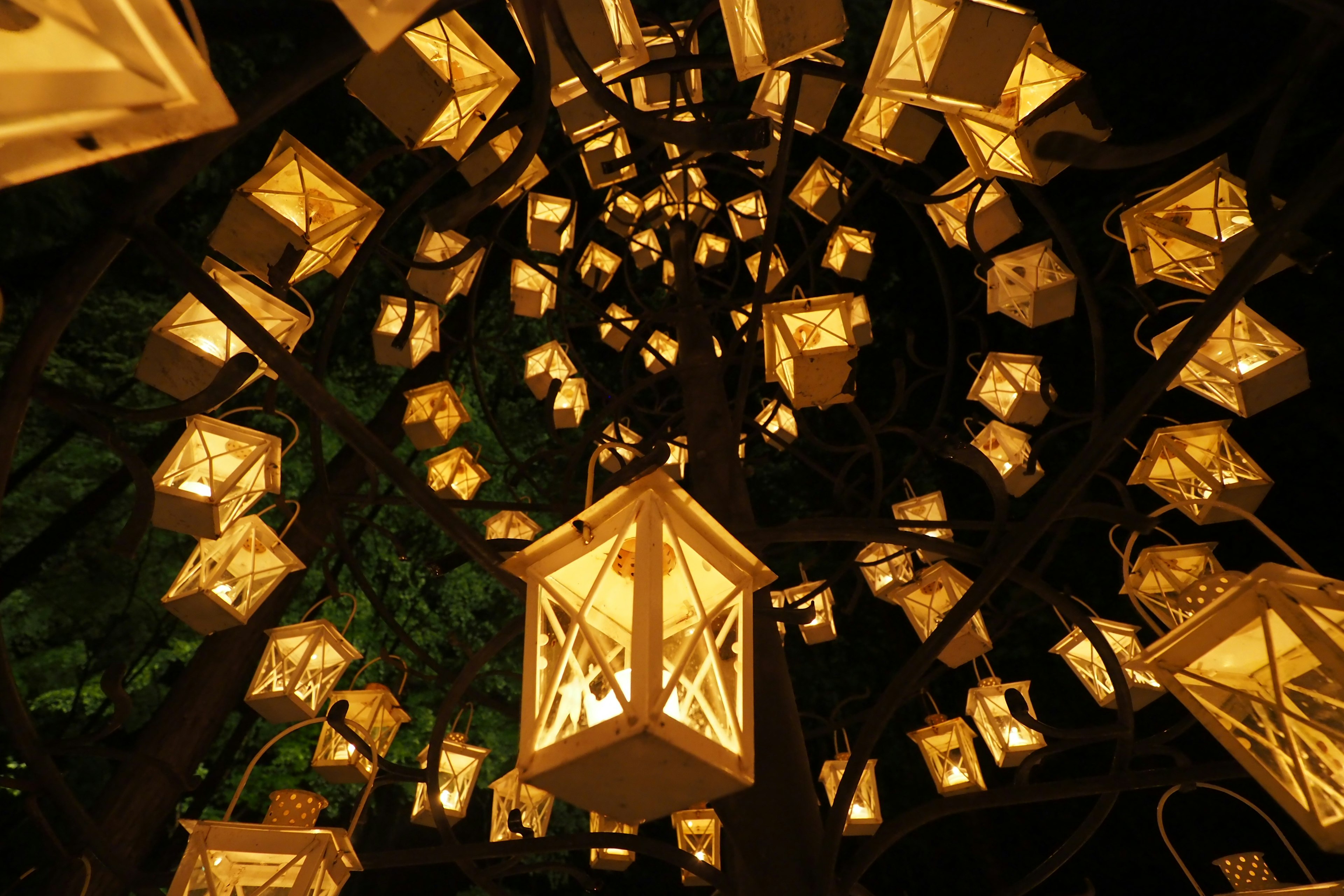 A mesmerizing view of hanging lanterns illuminating a dark space