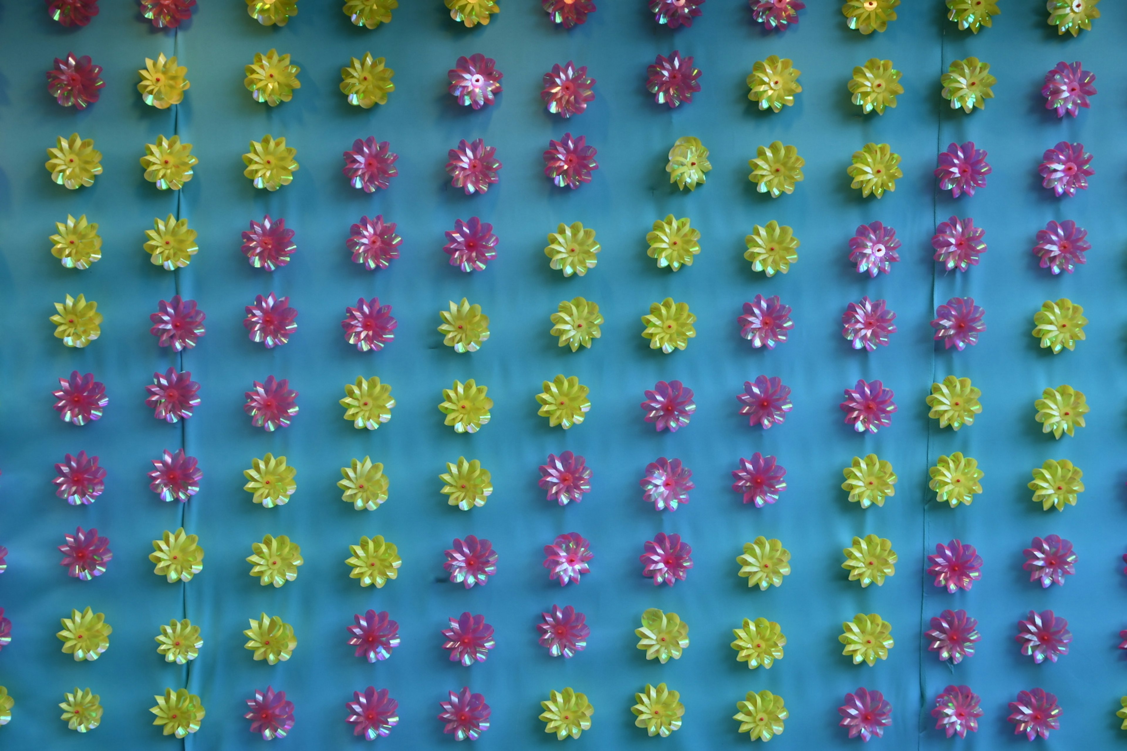 Decorative arrangement of pink and yellow flowers on a blue background